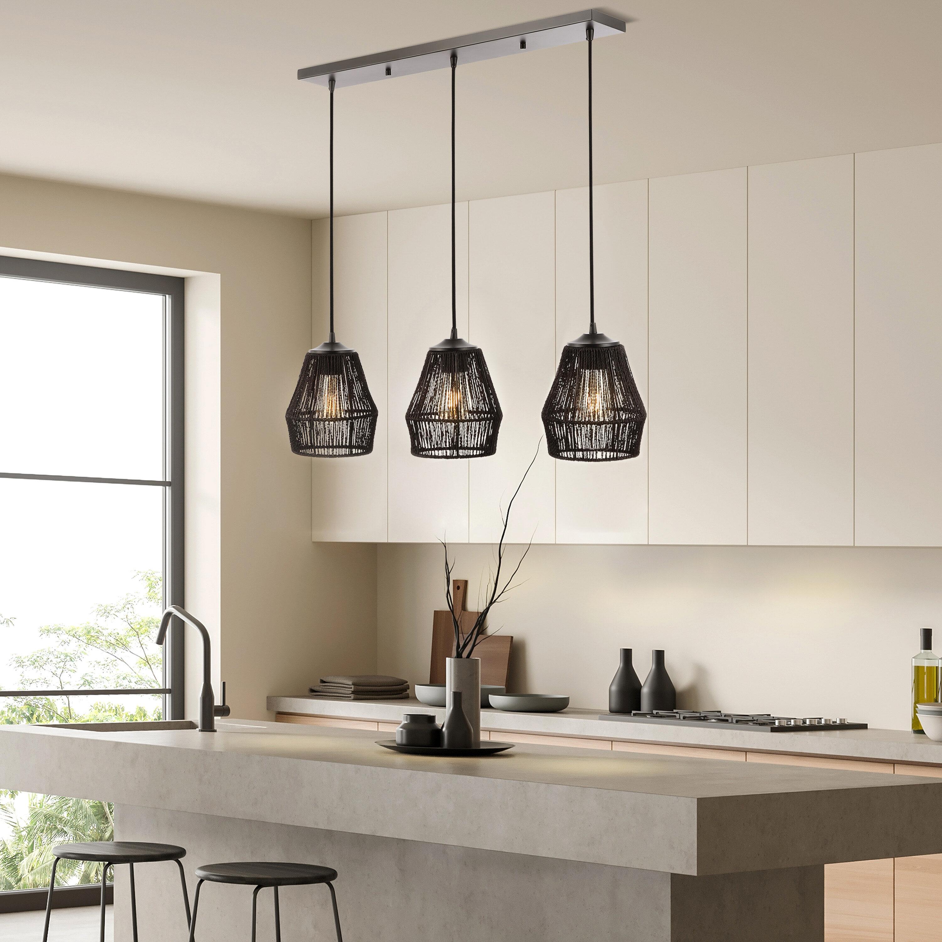 30" 3-Light Ibiza Island Woven Rope/Metal Bohemian Coastal Linear Pendant (Includes LED Light Bulb) Black - JONATHAN Y