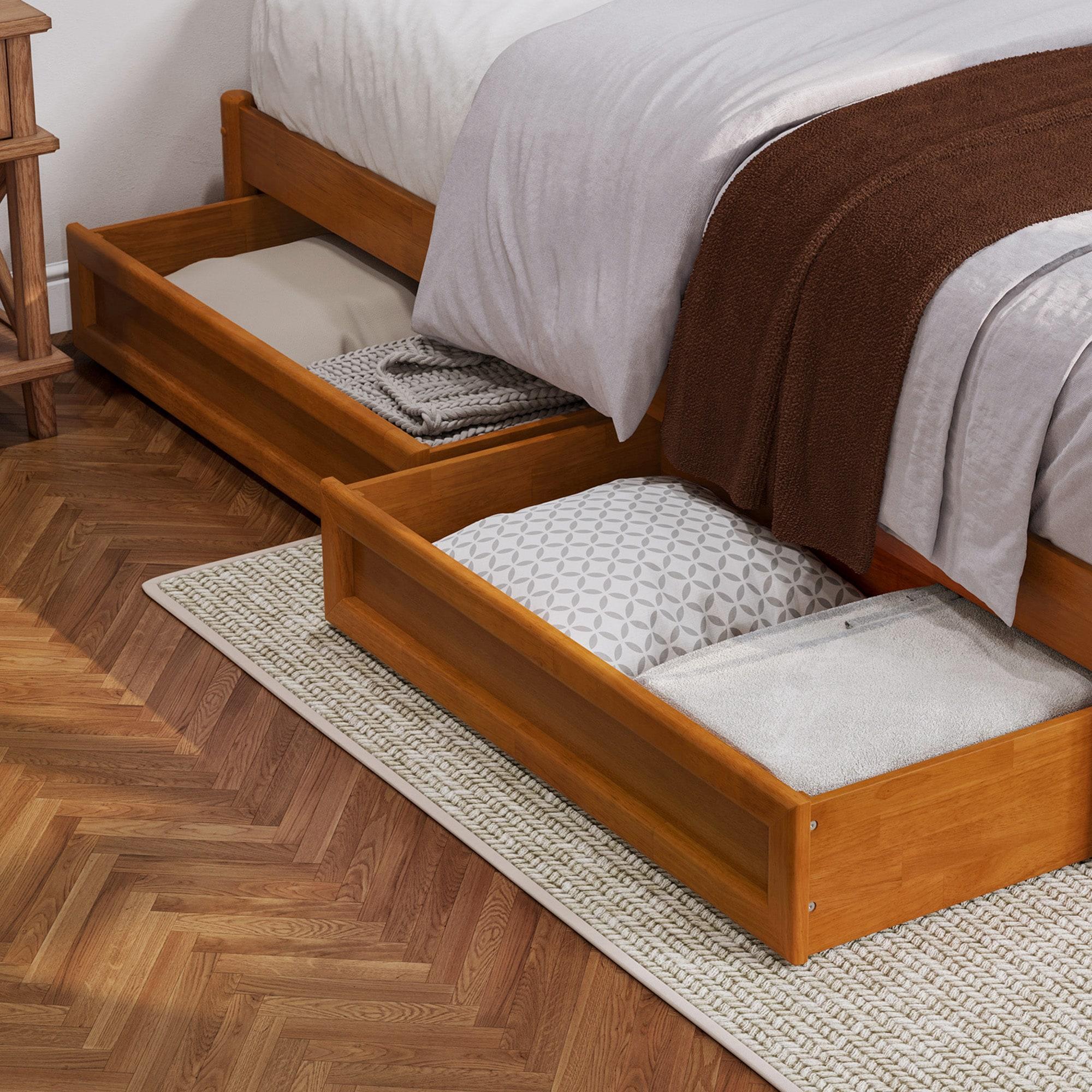 Barcelona Queen Wood Panel Platform Bed with Storage Drawers in Light Toffee