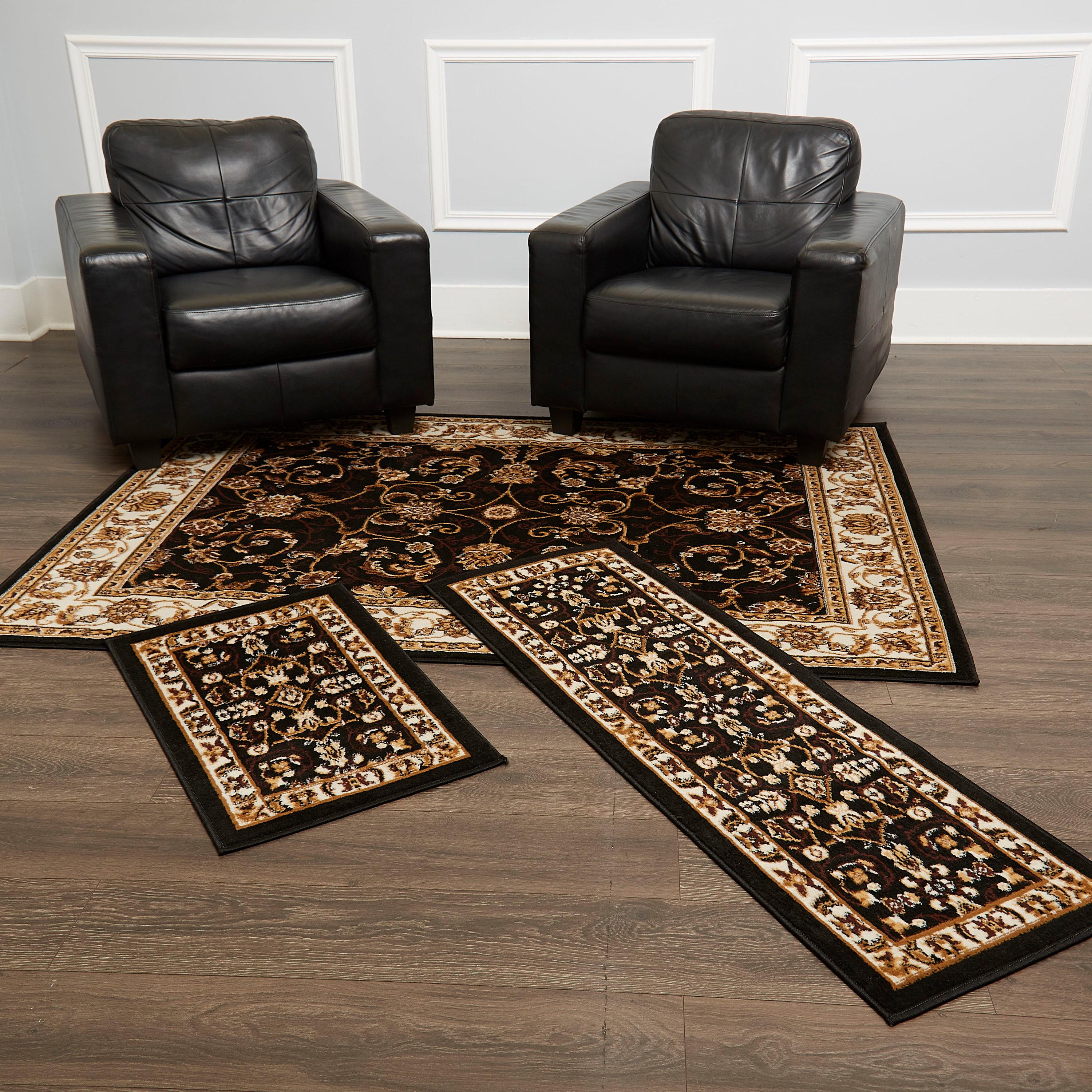 Home Dynamix Ariana Badah Damask Border Area Rug, Black/Ivory, 3-Piece Set