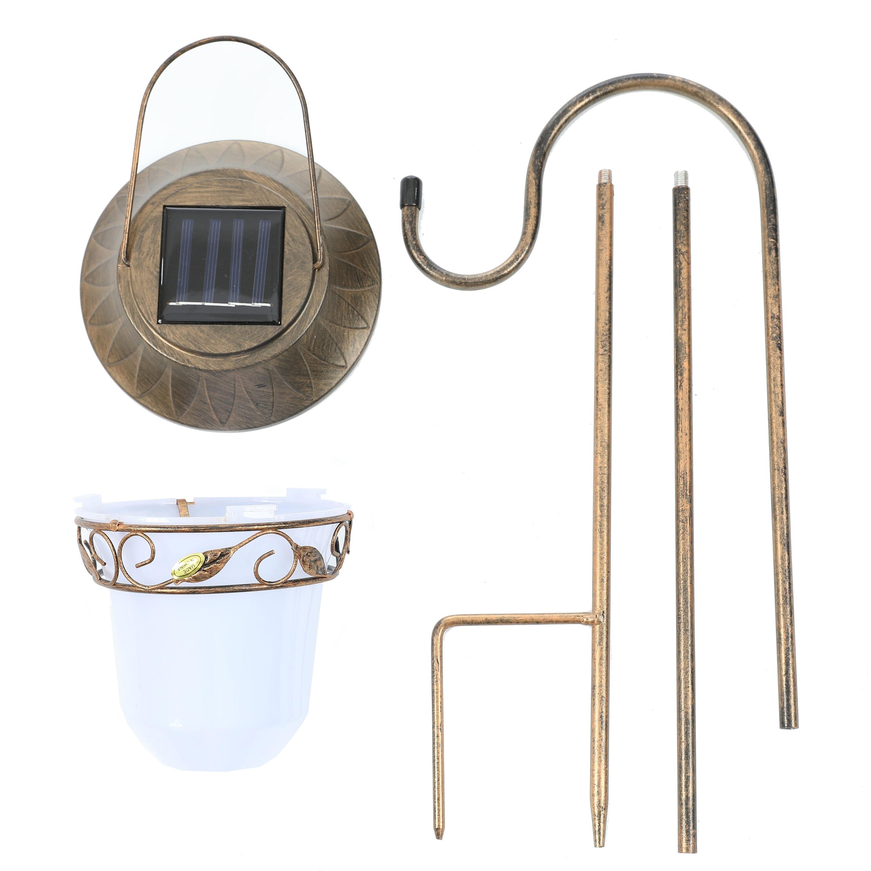 LuxenHome Set of 2 Brown Solar Plastic Lanterns with Metal Shepherd Hooks