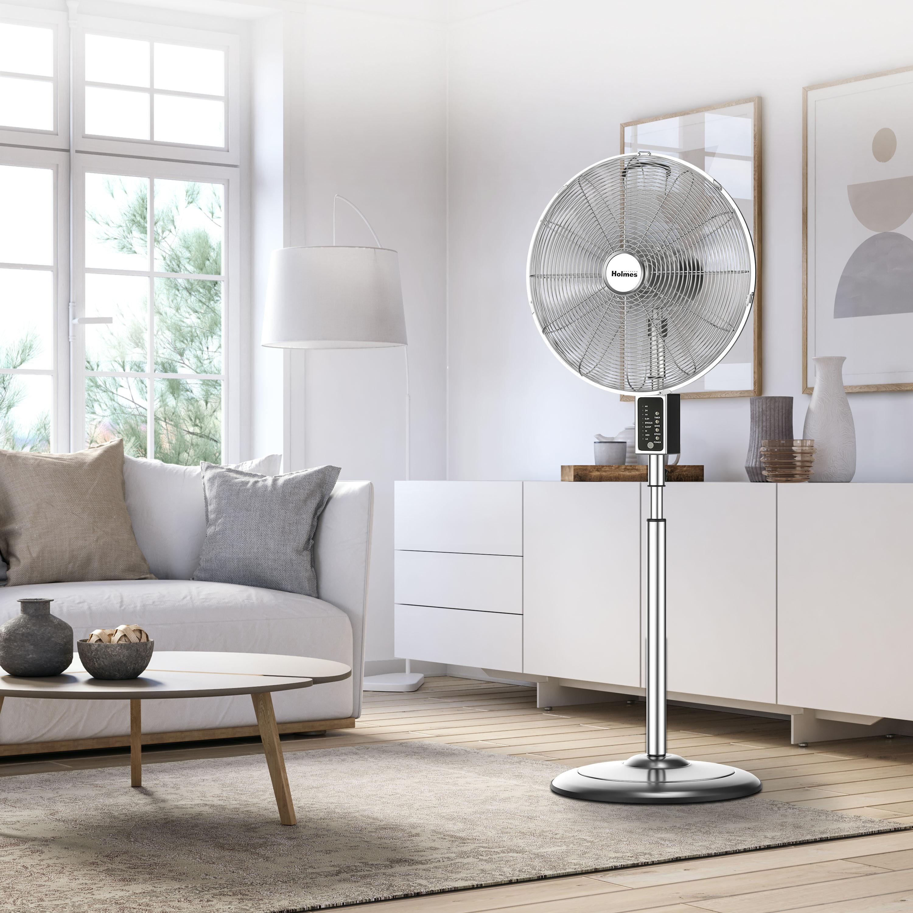 Holmes 16” Digital Oscillating Metal Stand Fan, 3 Speeds, Adjustable Height, Remote Control, Chrome