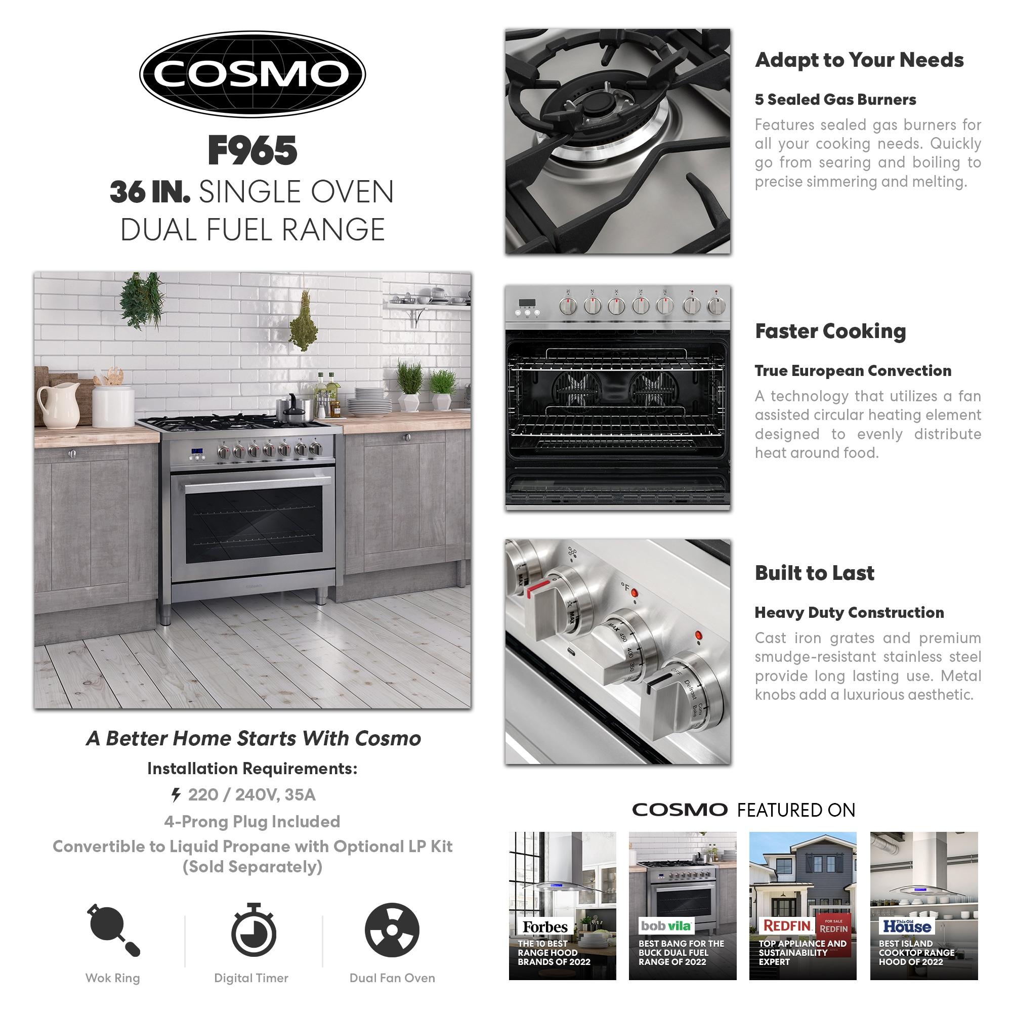 F965 Series 36 in. Stellar Collection 3.8 cu. ft. Dual Fuel Range, 5 Sealed Burners, 8 Function Convection Oven in Stainless Steel
