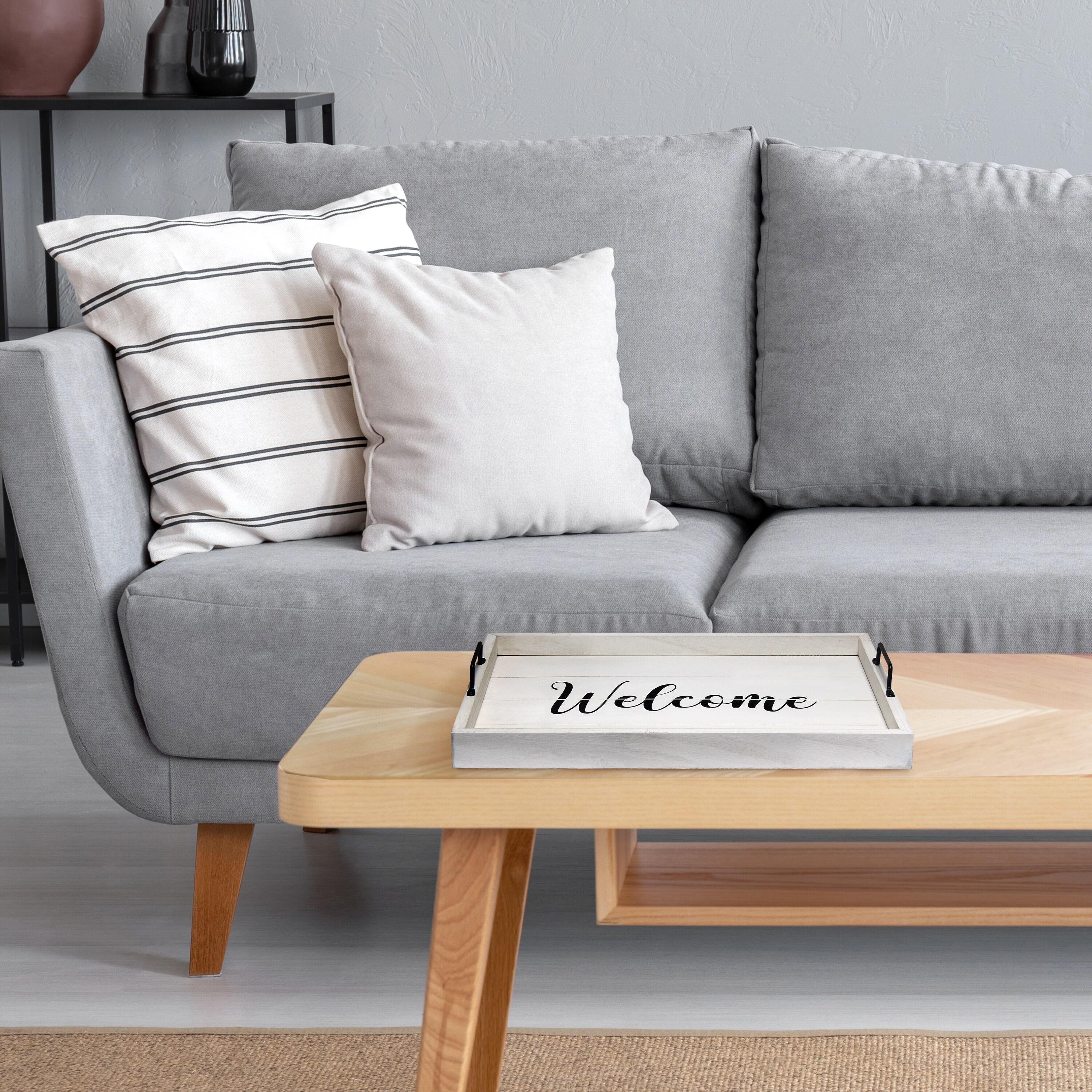 Elegant Designs 15.5" x 12" Decorative Wood Serving Tray, "Welcome", White Wash