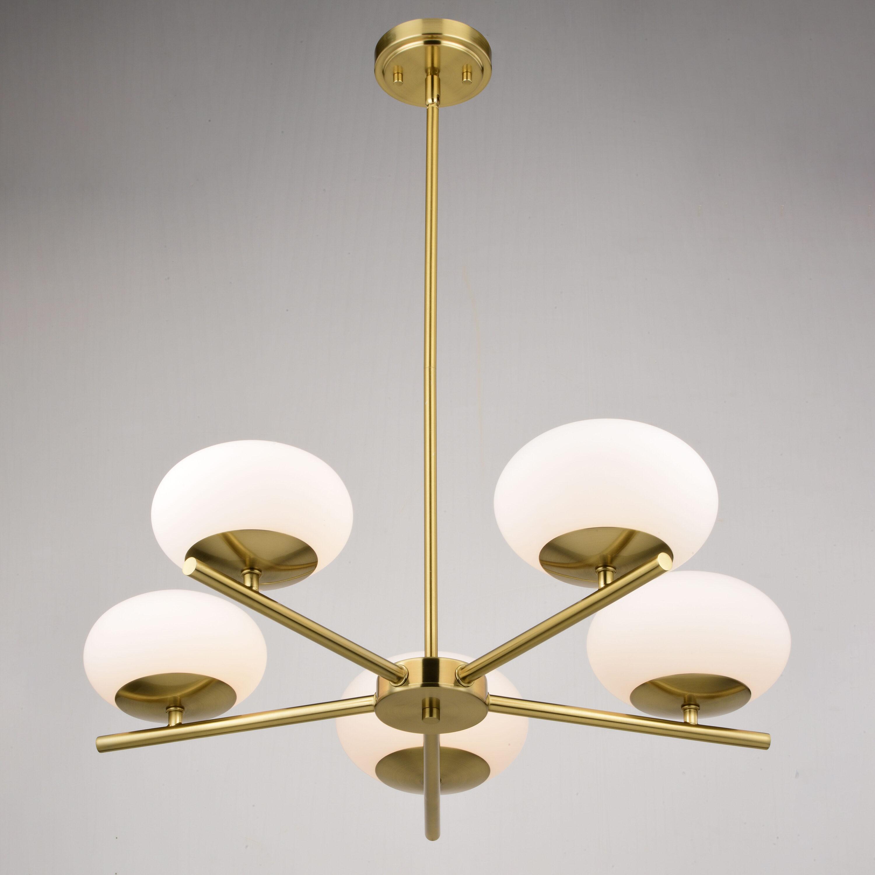 VAXCEL Sloane 5 Light LED Gold Satin Brass Mid-Century Modern Chandelier with White Glass Globes