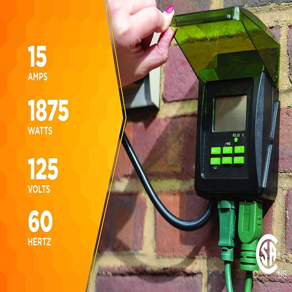 Woods 50015WD Outdoor 7-Day Heavy Duty Digital Plug-in Timer, 2 Grounded Outlets, Weatherproof, Perfect for Automating Holiday/Christmas Lights, Energy Saving Precision Programming, Black & Green
