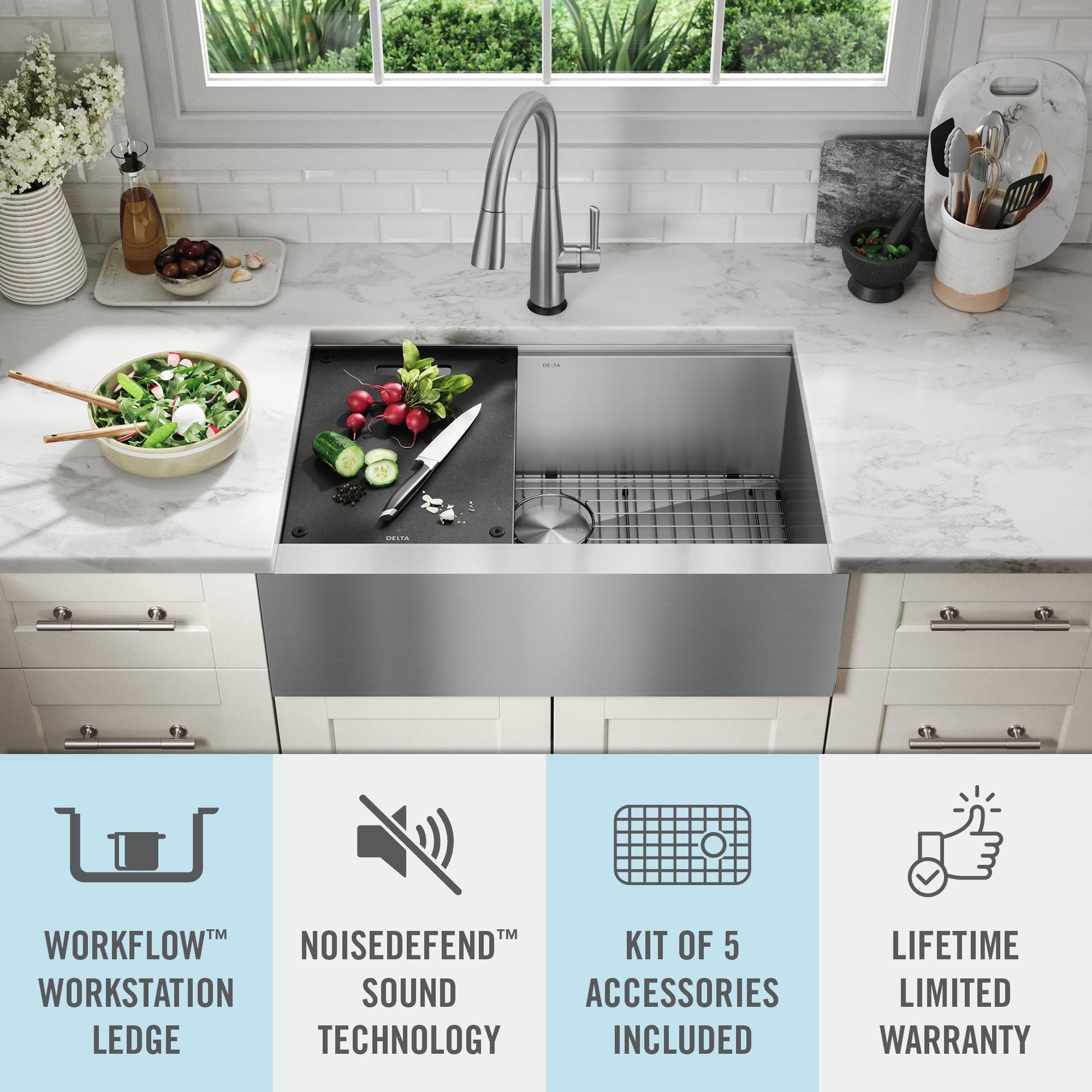 Delta Rivet™ 30" L Workstation Farmhouse Apron Front Kitchen Sink Undermount 16 Gauge Stainless Steel Single Bowl