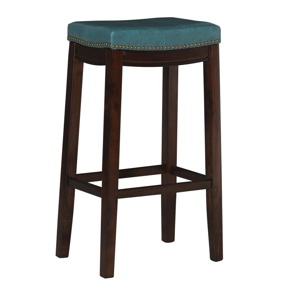 Linon Claridge Backless Bar Stool Blue Faux Leather Wood Frame in Brown Finish