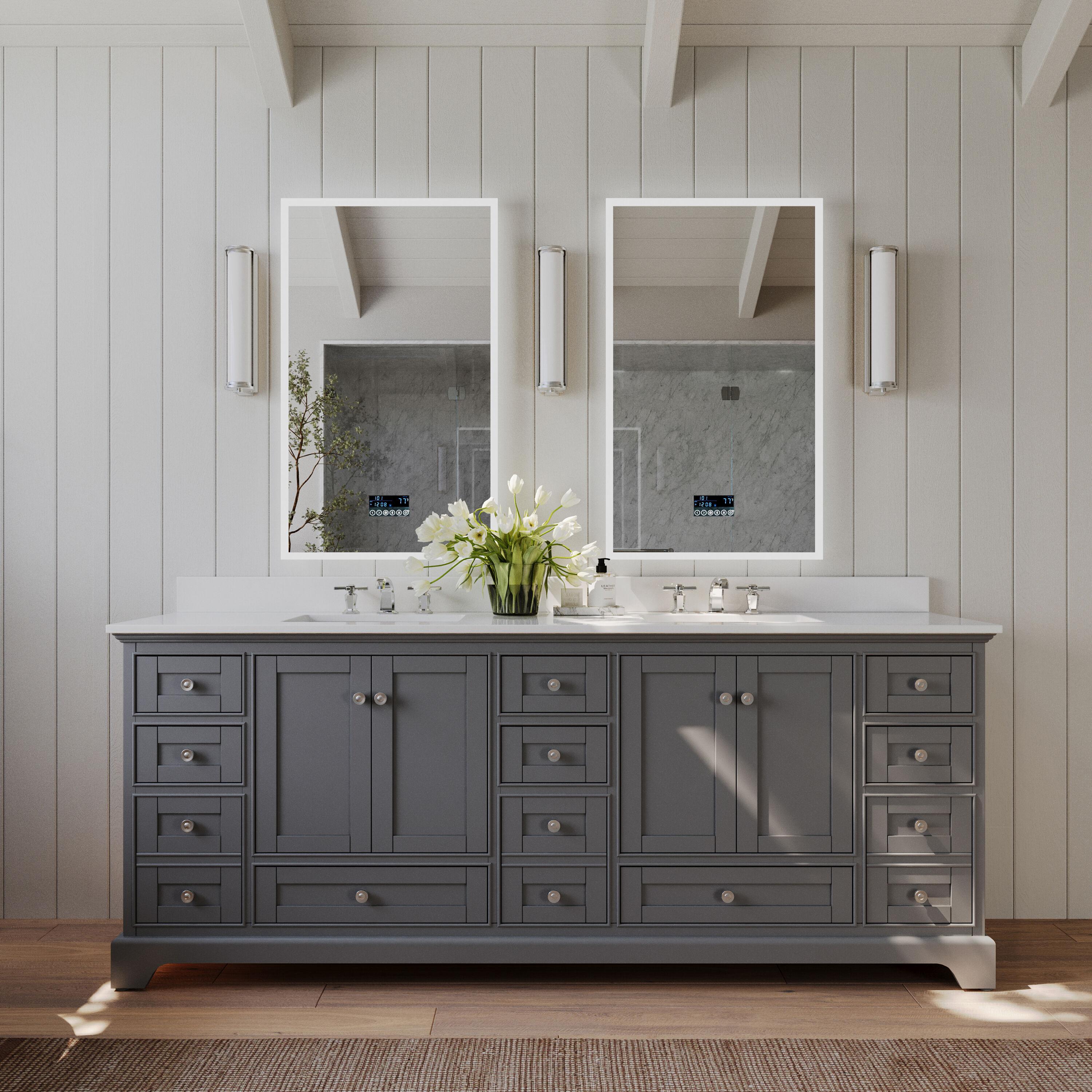 Audrey 84 in. Bath Vanity Set in Sapphire Gray with Quartz Calacatta Laza Top