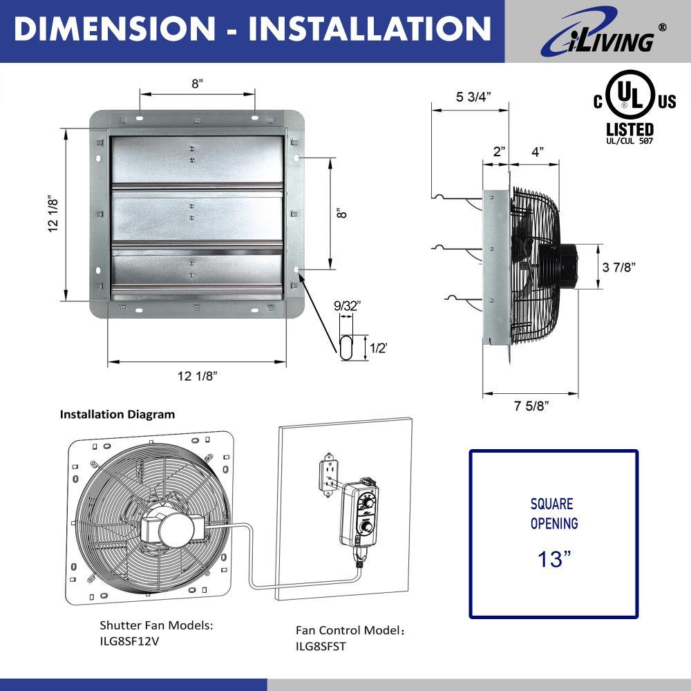 iLIVING ILG8SF12V-ST 12" Wall Mounted Shutter Exhaust Fan, Automatic Shutter, with Thermostat and Variable Speed controller, 0.6A, 960 CFM, 1400 SQF Coverage Area Silver