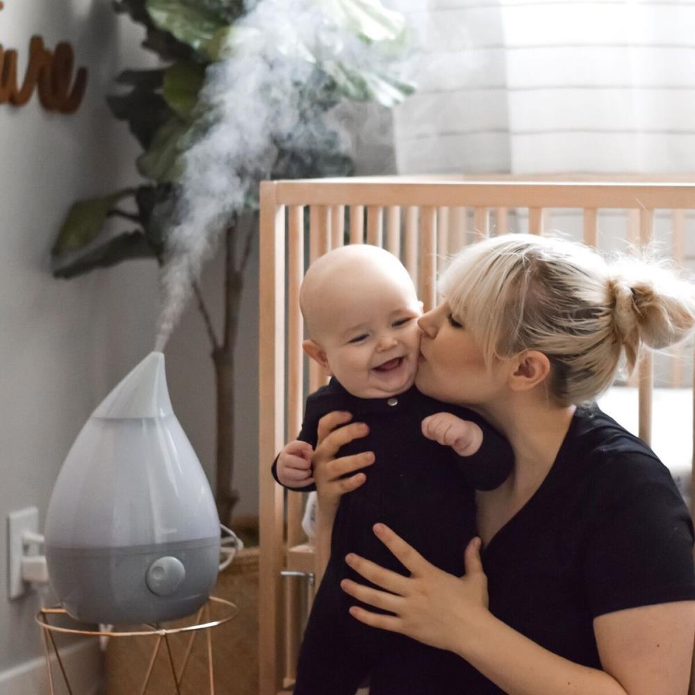 Crane Ultrasonic Teardrop Cool Mist Humidifier, Large 1 Gal Tank, Automatic Shut-Off, Baby Humidifiers for Nursery and Bedroom, Grey