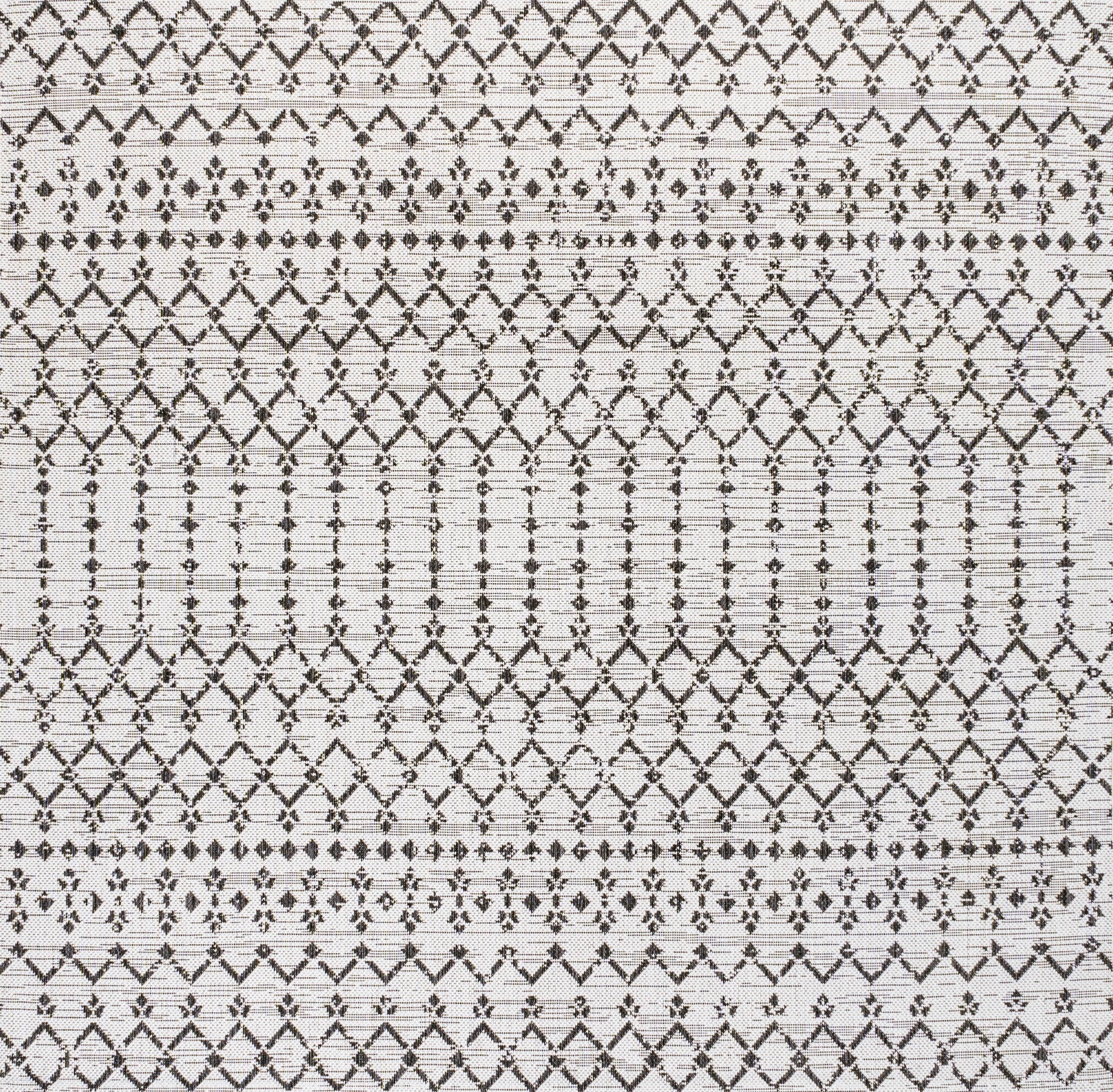 5' x 5' Ourika Moroccan Geometric Textured Weave Indoor/Outdoor Area Rug, Cream/Black - JONATHAN Y