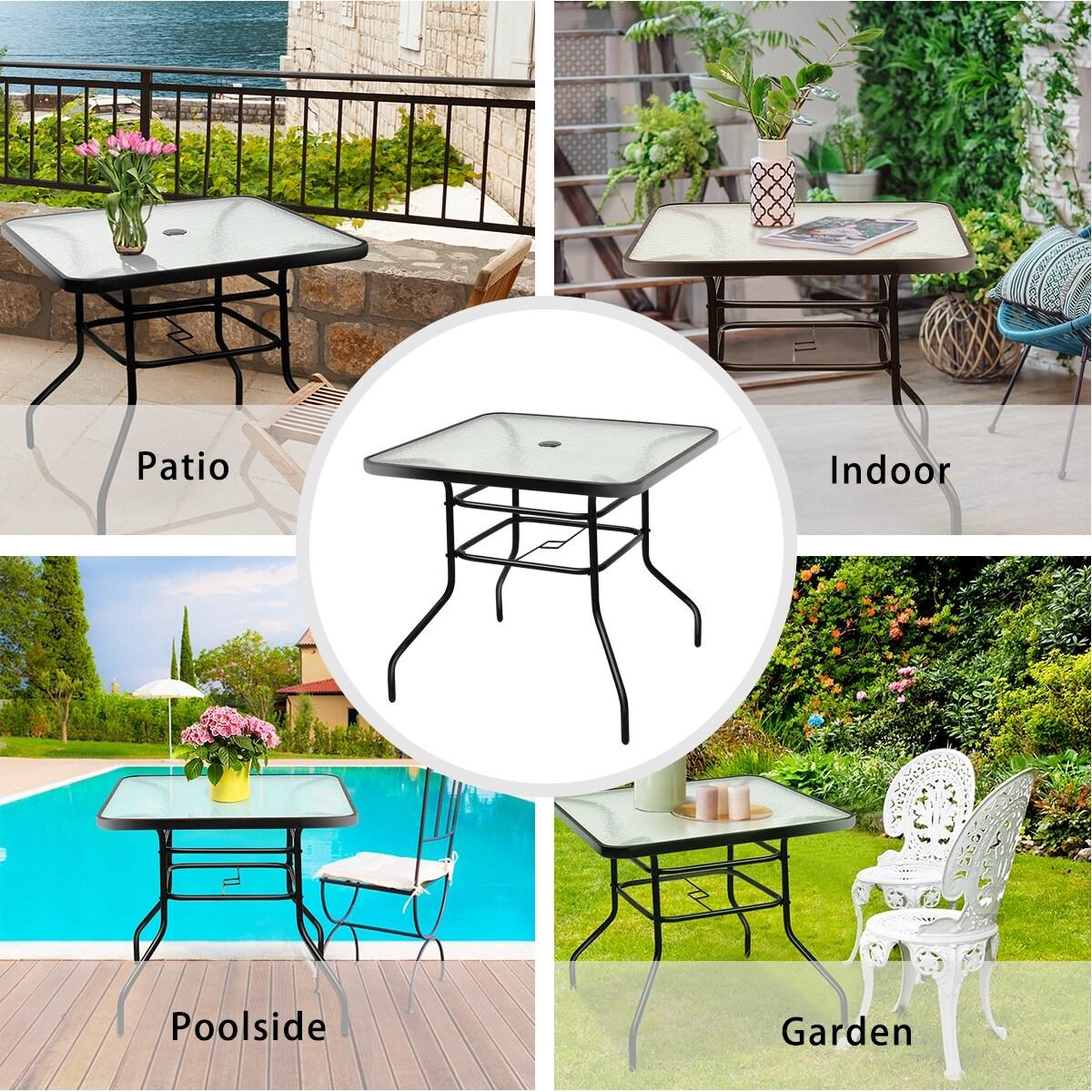 Lark Manor™ Aliyahna 32'' Patio Square Table Tempered Glass Steel Frame Outdoor Pool Yard Garden