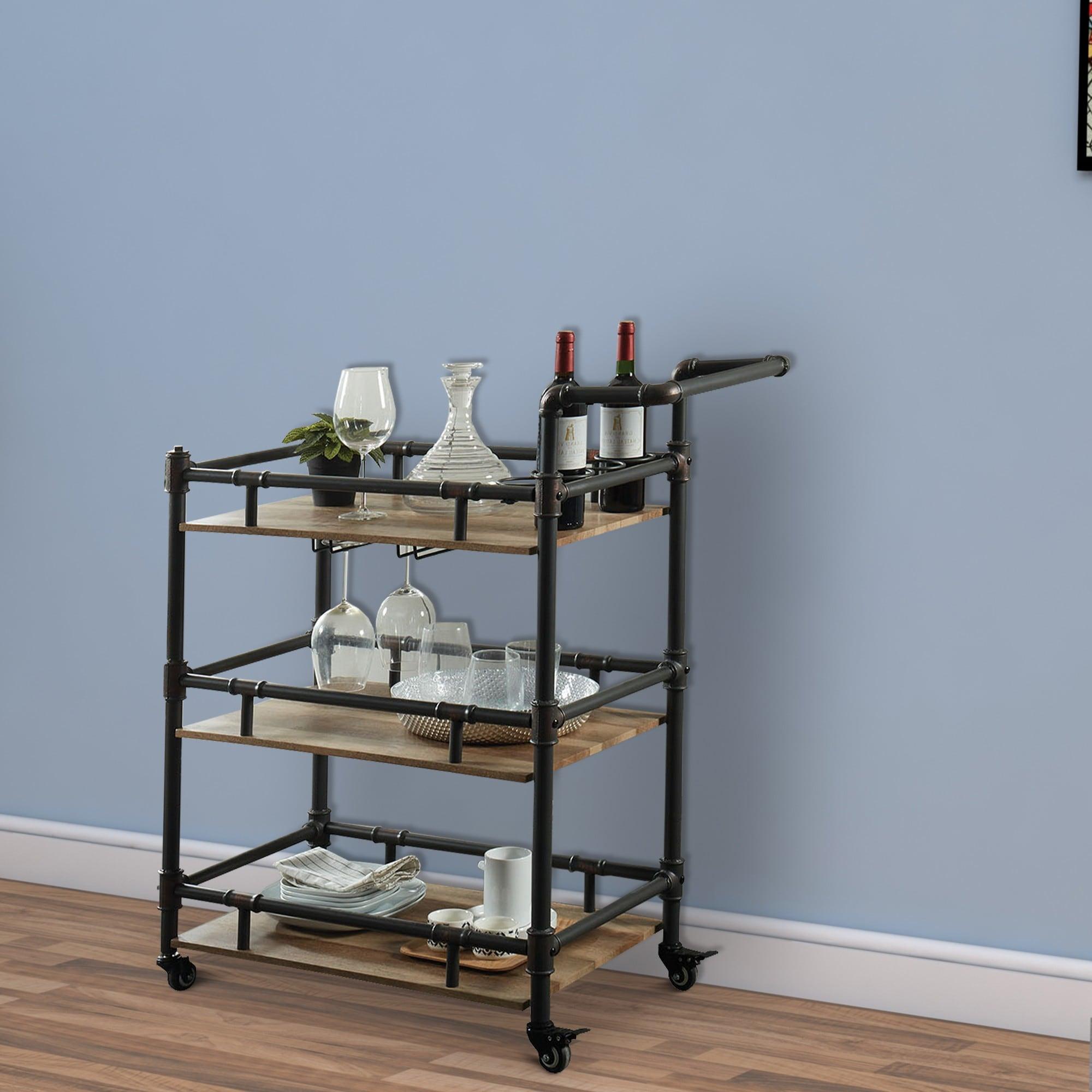 Benjara Benzara Rustic Three Tier Serving Cart, Black and Brown
