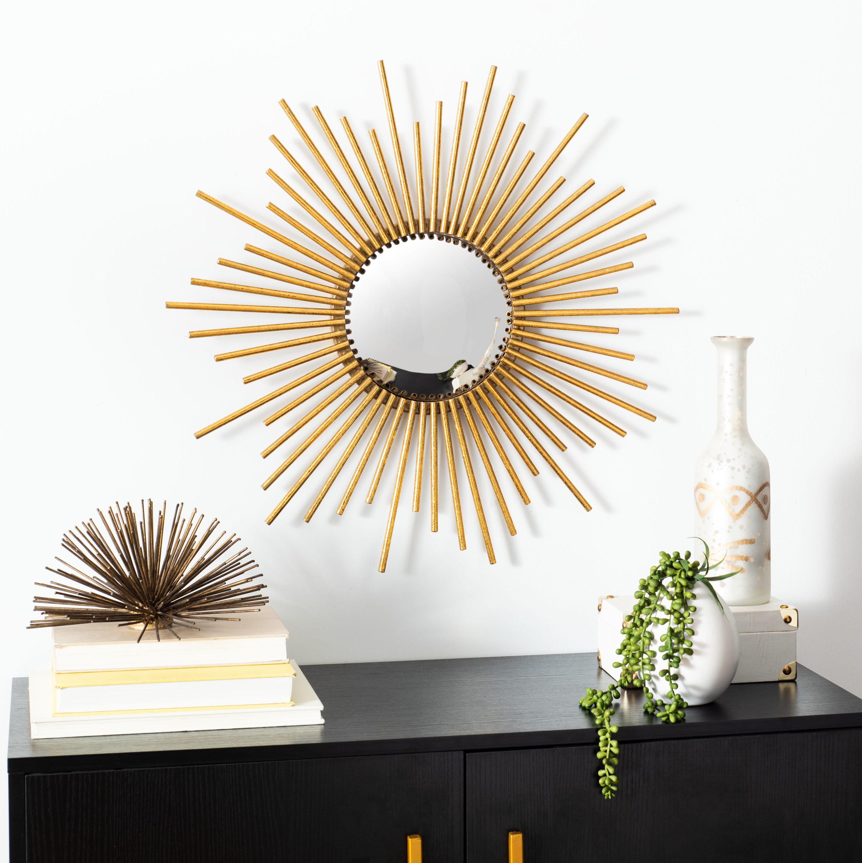 Contemporary Sunburst Round Wood Mirror in Gold Finish, 24"