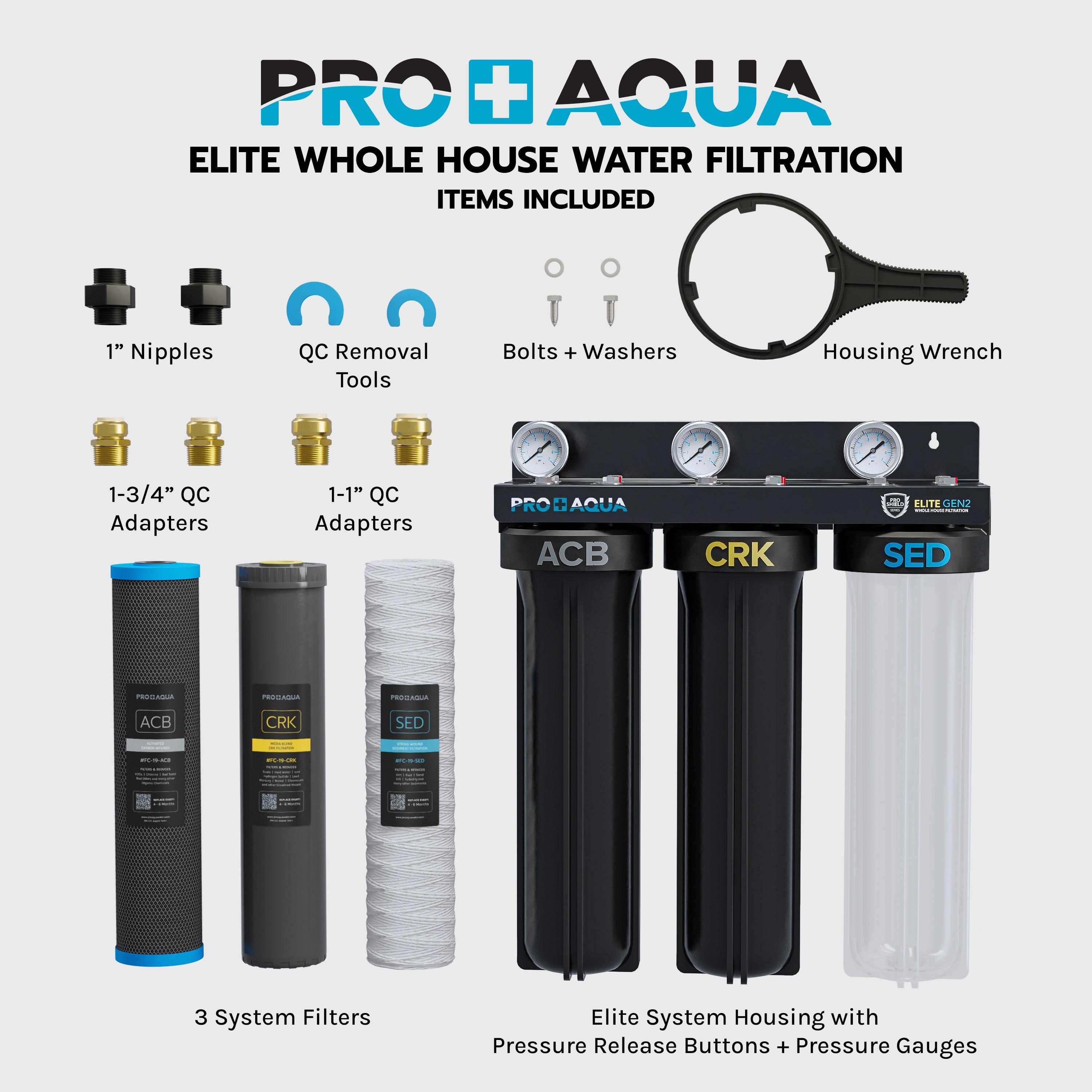 PRO+AQUA ELITE SERIES GEN2 PRO-100-E 3-Stage Whole House Water Filtration System for City and Well Water with Pressure Gauges, Removes 99% of Chlorine, VOCs, Odors & Contaminants, 1” Ports