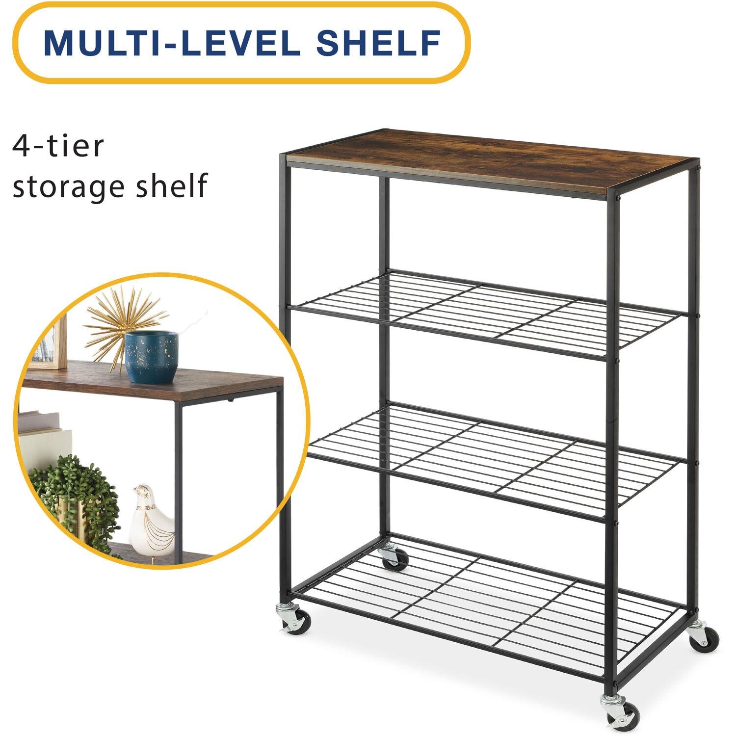 Whitmor Modern Industrial 4-Shelf Metal and Wooden Freestanding Shelves, Black
