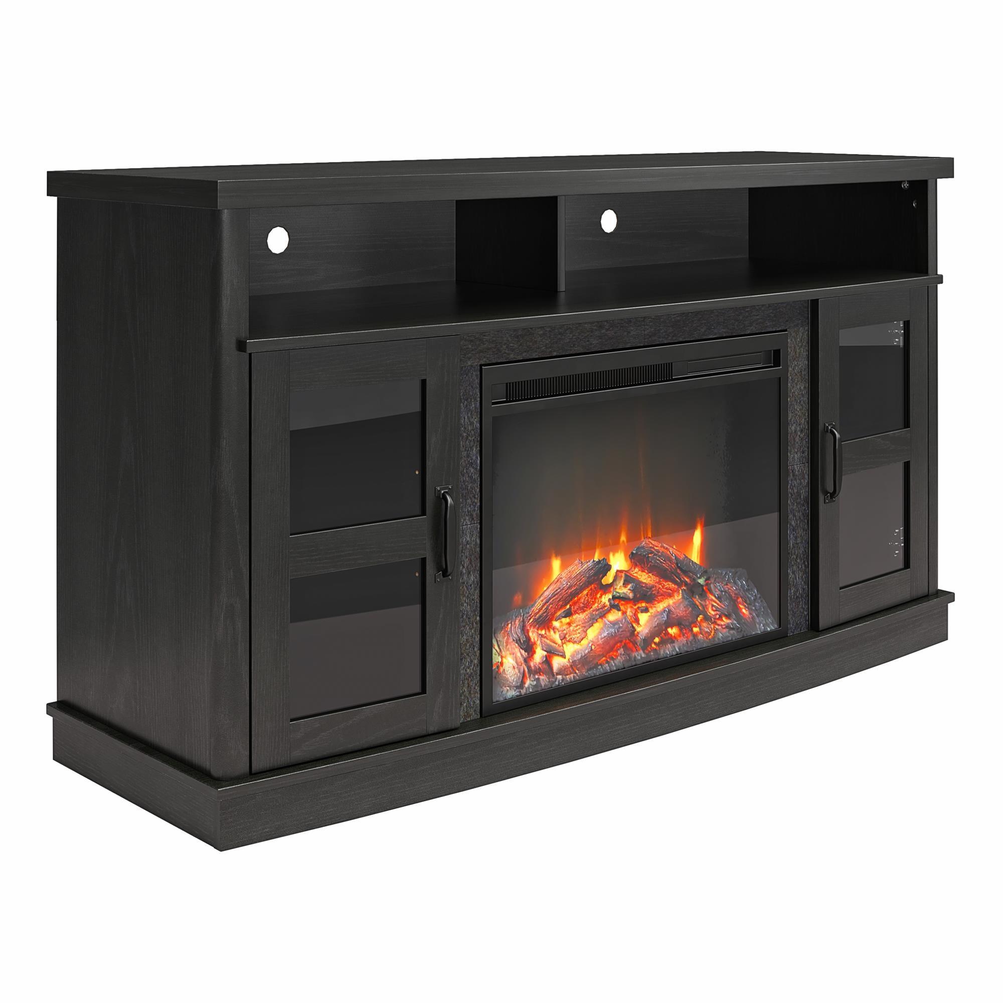 Barrow Creek Black Oak Fireplace TV Console with Glass Doors