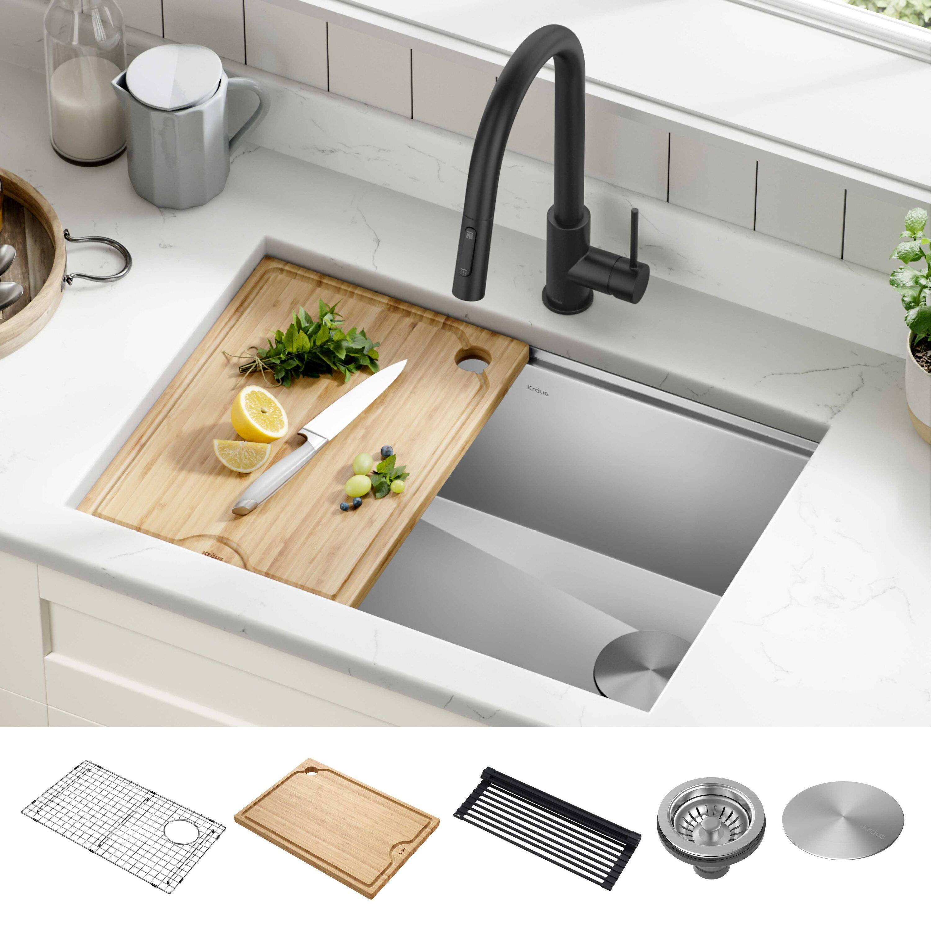 KRAUS Kore™ Workstation 27-inch L Undermount 16 Gauge Single Bowl Stainless Steel Kitchen Sink with Accessories