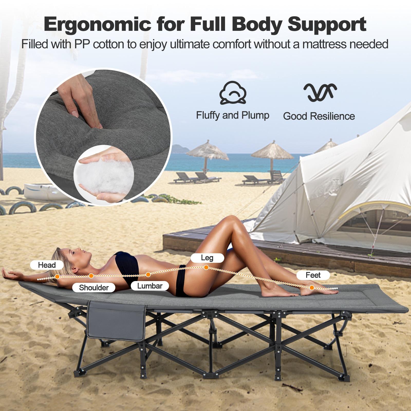 Kepooman Folding Camping Cot for Adults,Camp Cot, Oversized Sleeping Cot, Folding Camping Cot with Carry Bag Cushion and Headrest-Gray