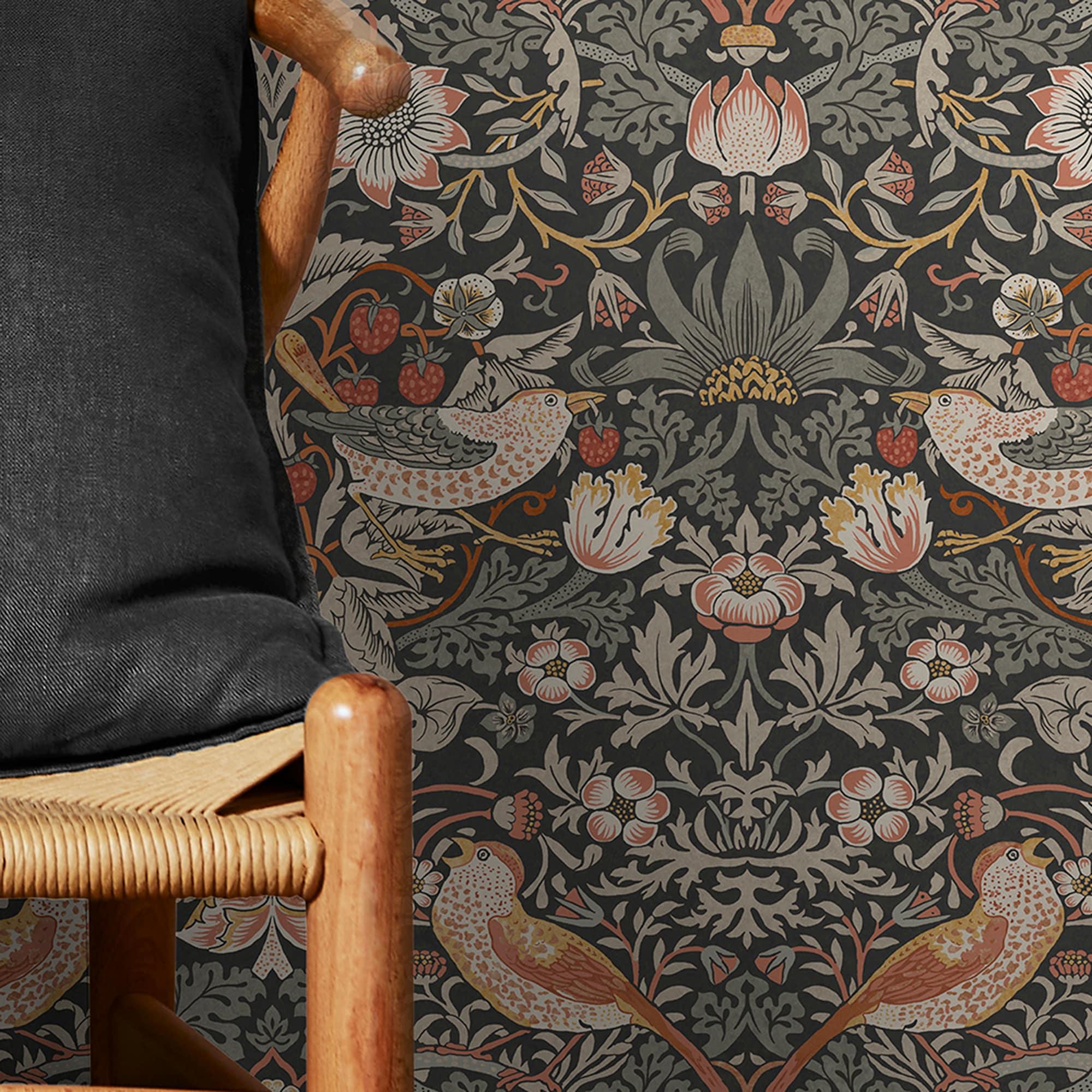 William Morris at Home Strawberry Thief Charcoal Wallpaper