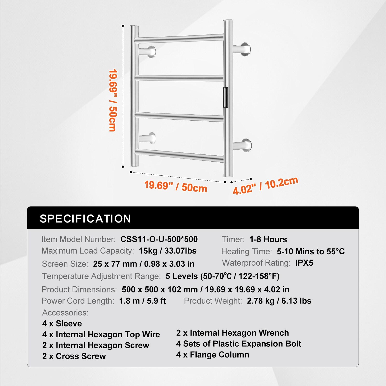 VEVOR 4 Bars Towel Warmer Rack, Wall Mounted Heated Towel Rack for Bathroom, IPX5 Waterpoof Towel Heater Rack with Timer & LED Display Screen, 5 Levels Adjustable Temperature Towel Heater, Silver