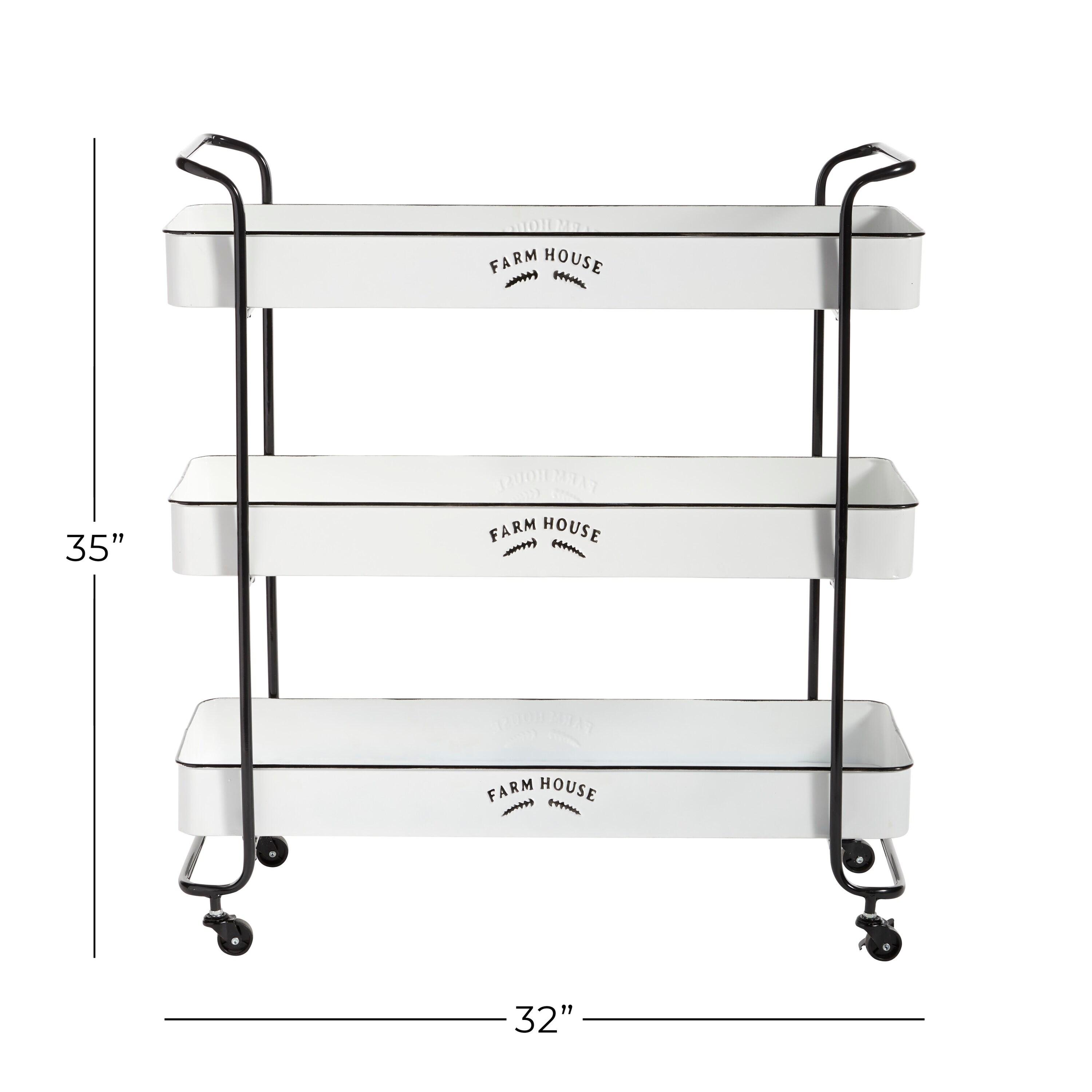 DecMode 32" x 35" White Metal Kitchen Rolling 3 Shelves Bar Cart with Black Accents and Farm House Design, 1-Piece
