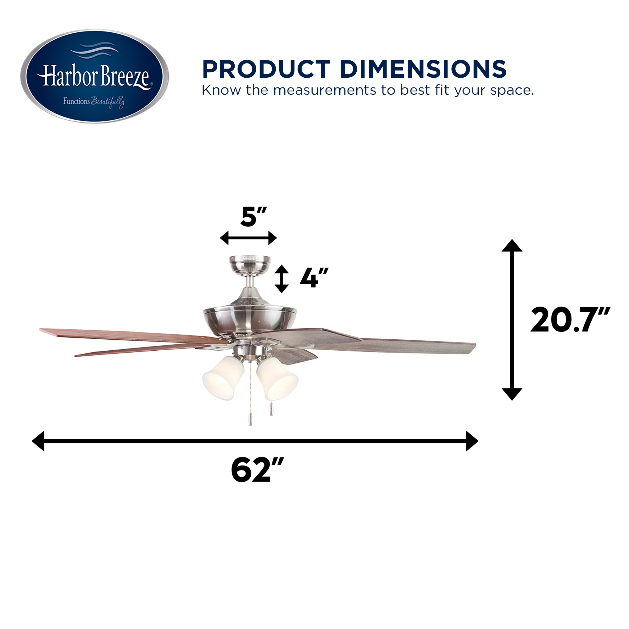 Harbor Breeze Macon Bay 62-Inches Brushed Nickel with Driftwood/Toffee Blades Indoor Downrod mount Standard Ceiling Fan With Light ( 5 -Blade)