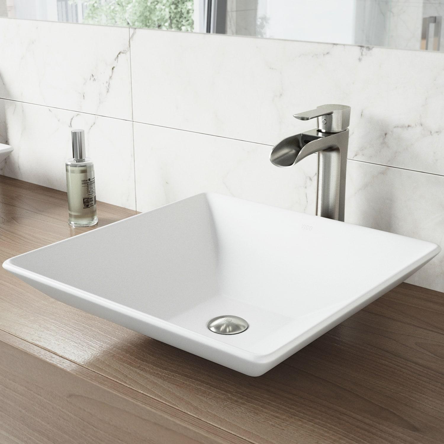 VIGO VG04004 Hibiscus 16" L x 16" W x 5" HMatte Stone White Handmade Square Vessel Bathroom Sink