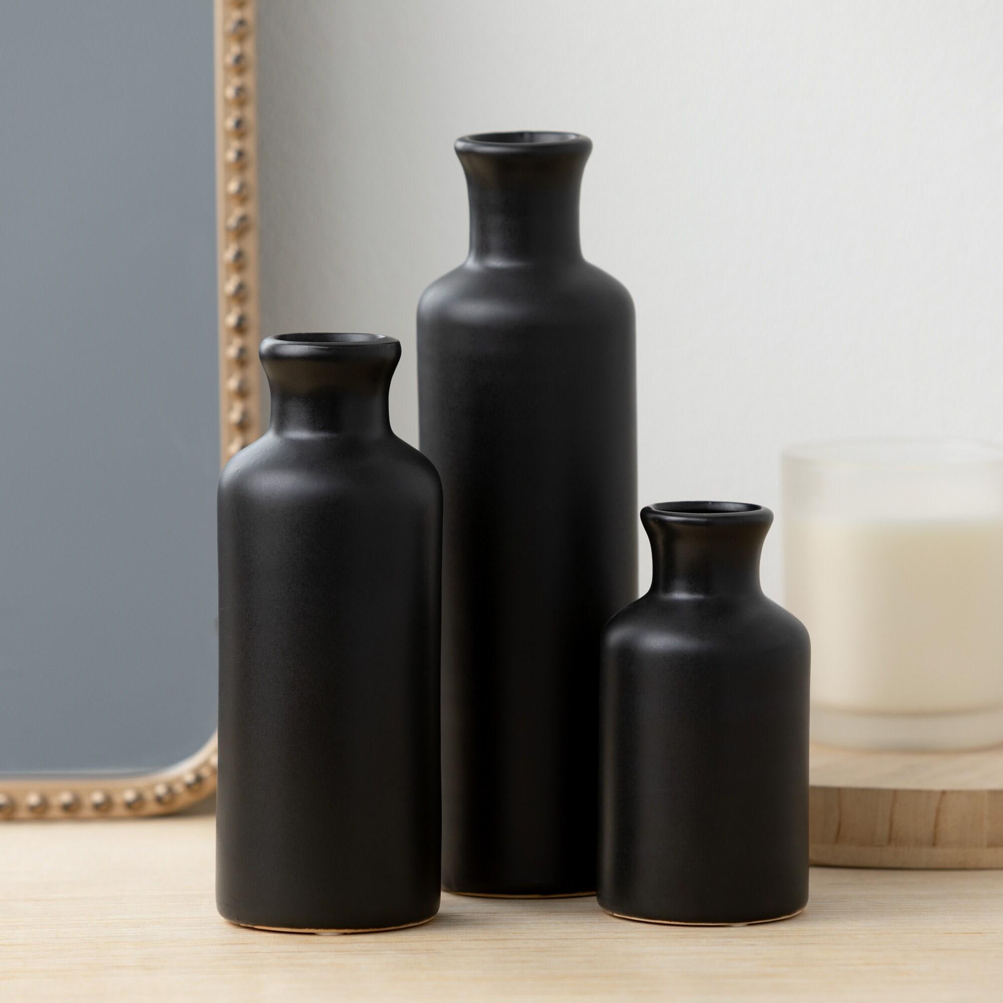 Sullivans Matte Black Set of 3 Small Ceramic Bottle Vases 5"H, 7.5"H & 10"H Black