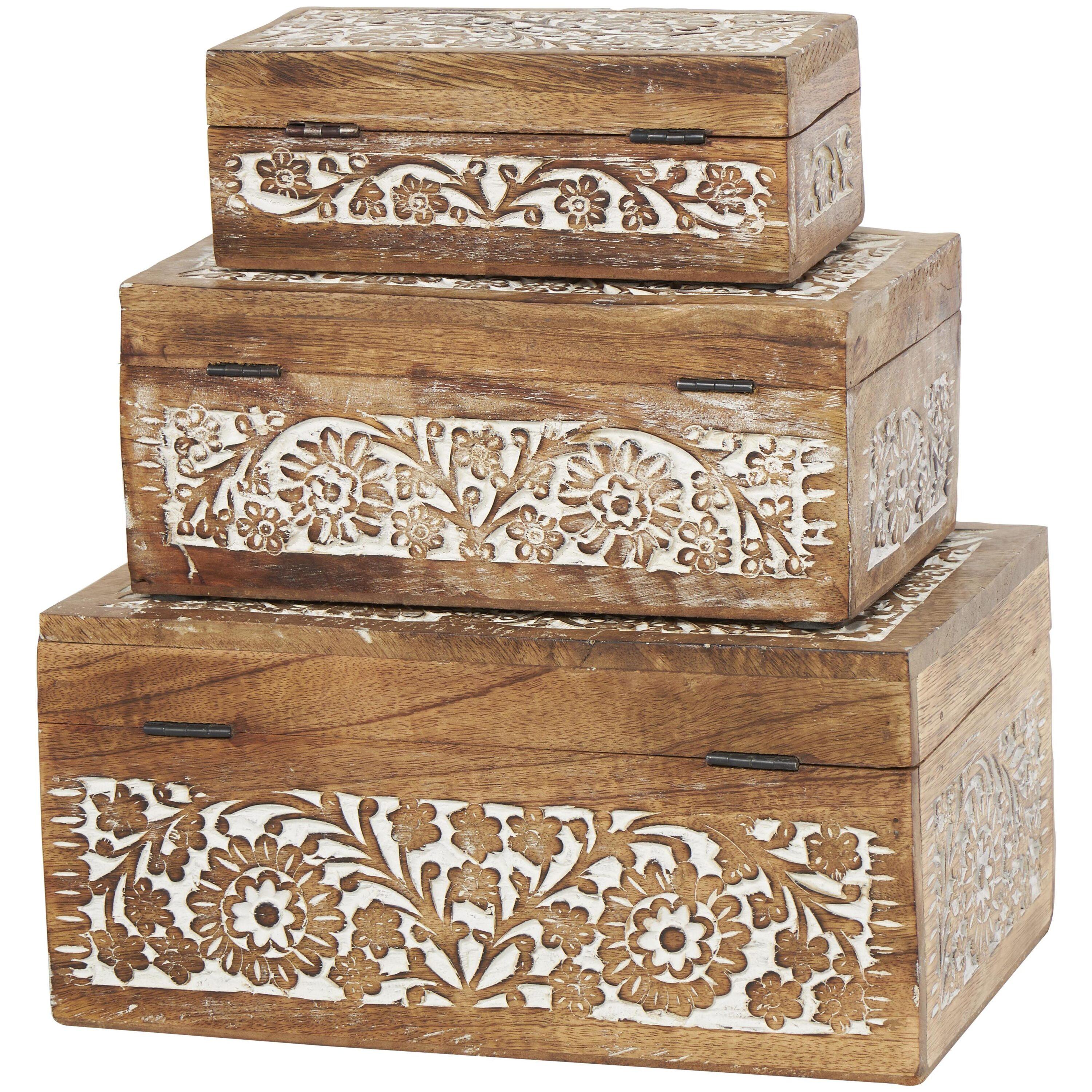 Set of 3 Mango Wood Carved Floral Boxes - Olivia & May: Coastal Style with Lids, Indoor Use, Non-Slip Base