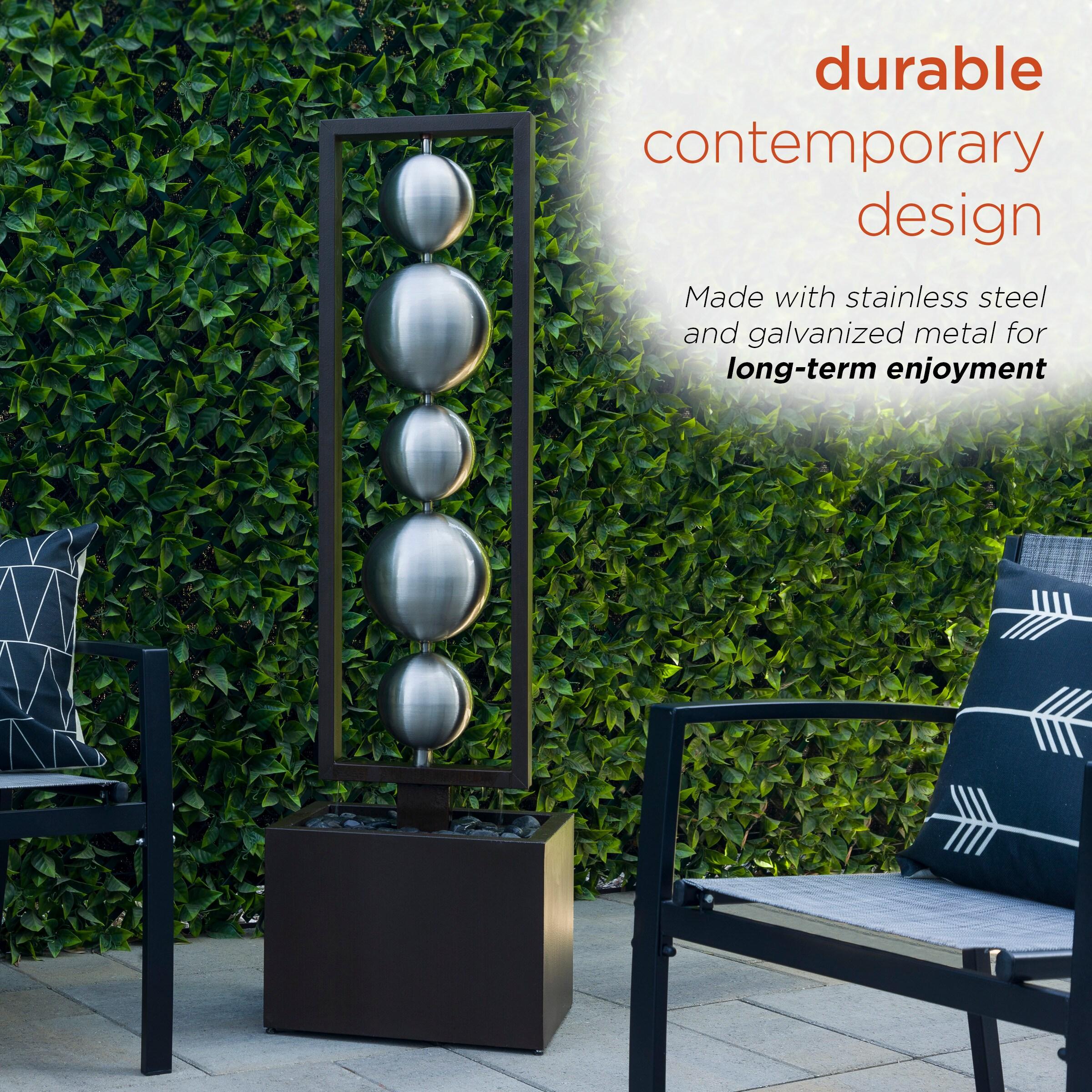 55" Metal Modern Column Fountain with Stainless Steel Orbs Silver/Brown - Alpine Corporation: Electric-Powered