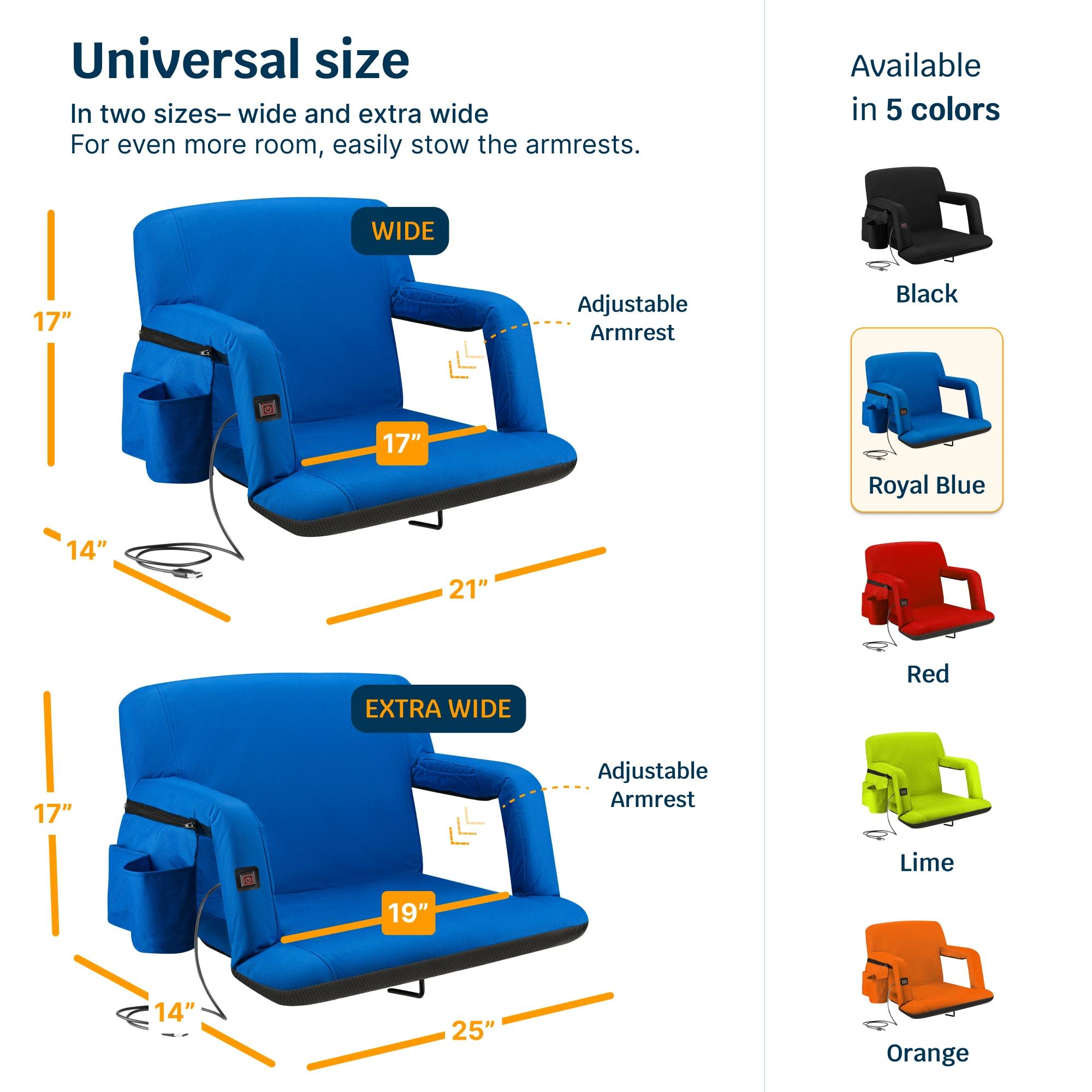 Extra Wide Heated Reclining Stadium Seat - Waterproof Foldable Chair, Thick Padding & Back Support