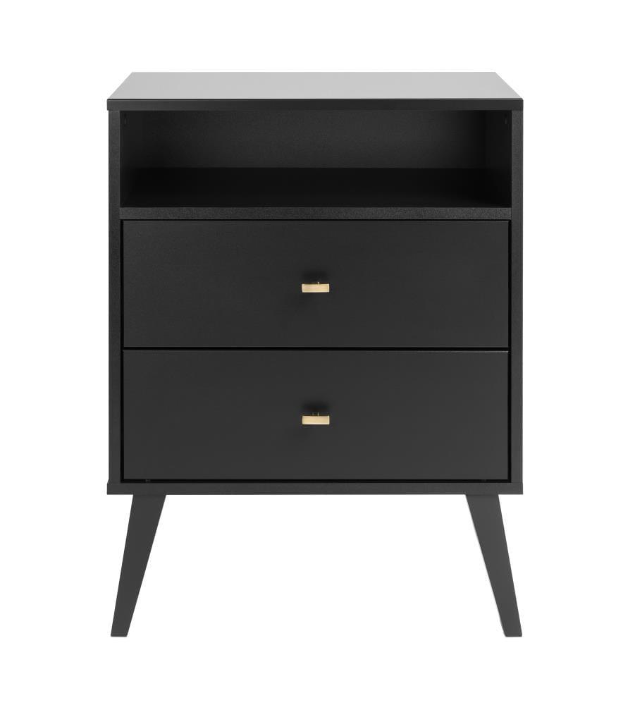 Mid Century Modern 2 Drawer Tall Nightstand with Shelf Black - Prepac: Brushed Brass Knobs, Wood Legs