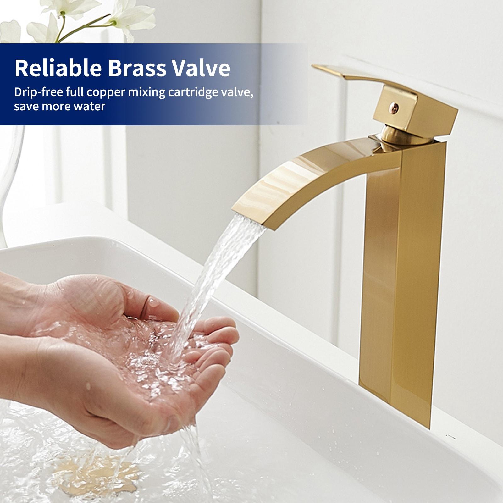 BWE Waterfall Single Hole Single Handle Bathroom Vessel Sink Faucet in Brushed Gold