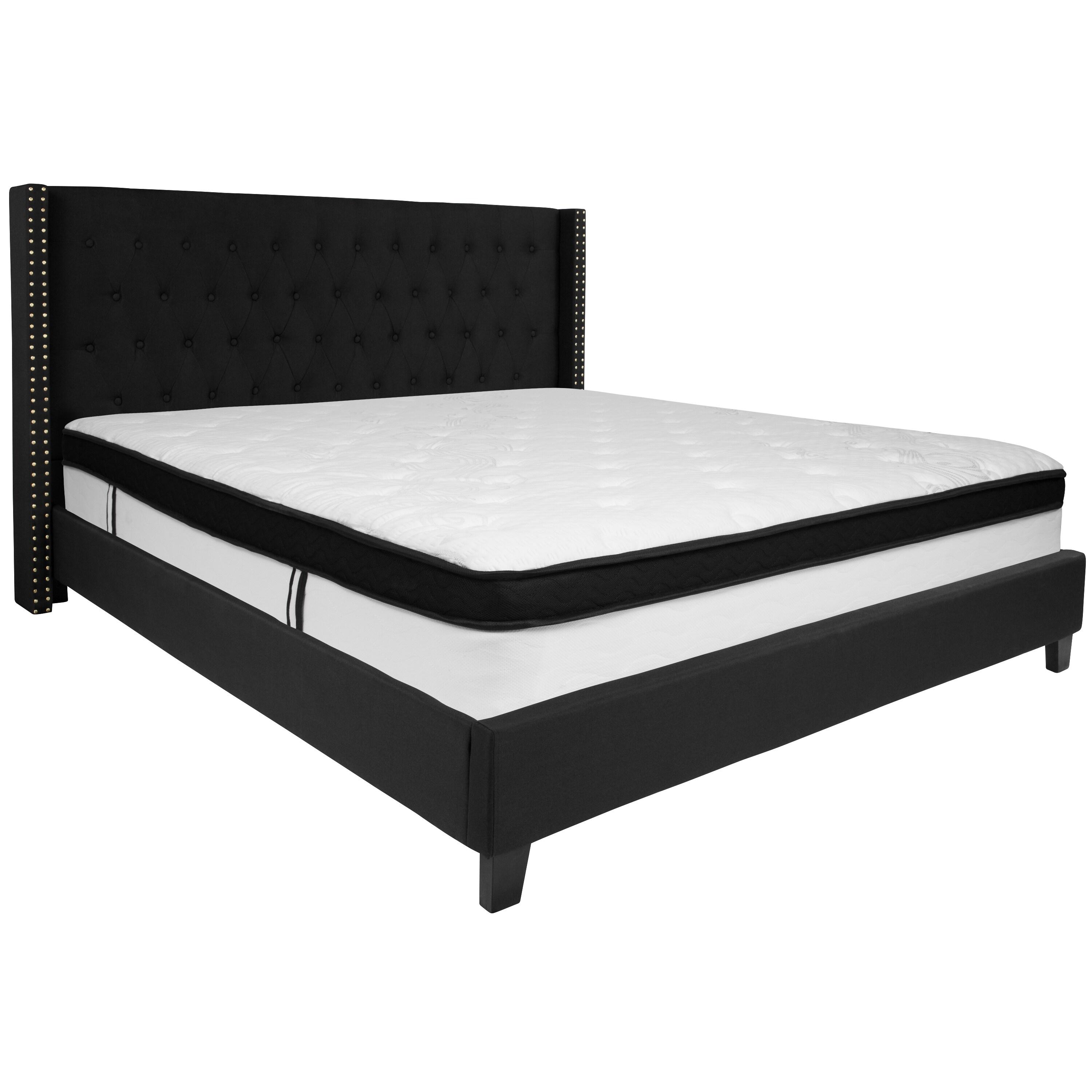 Flash Furniture Riverdale King Size Tufted Upholstered Platform Bed in Black Fabric with Memory Foam Mattress