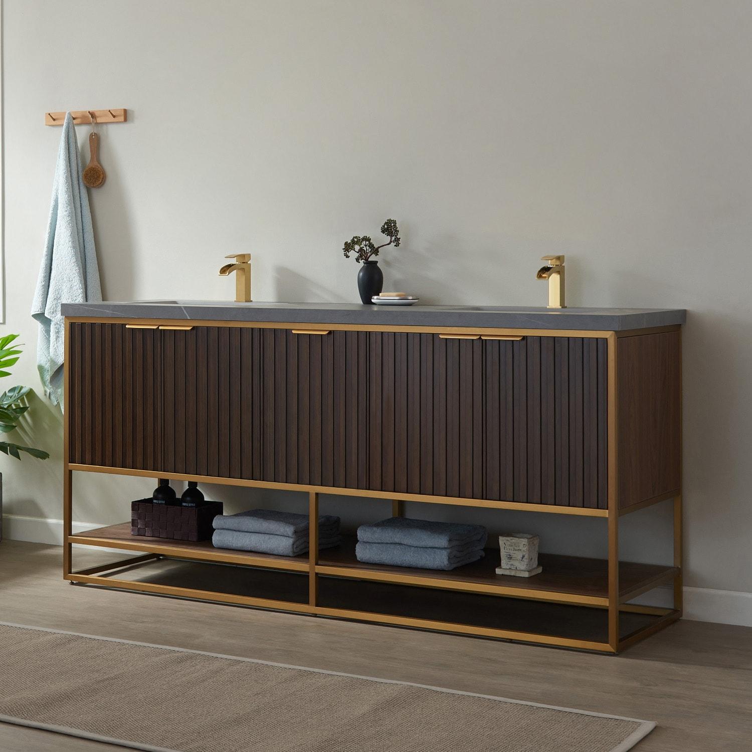 Vinnova Donostia 72" Gray Stone Top Double Vanity in Walnut No Mirror