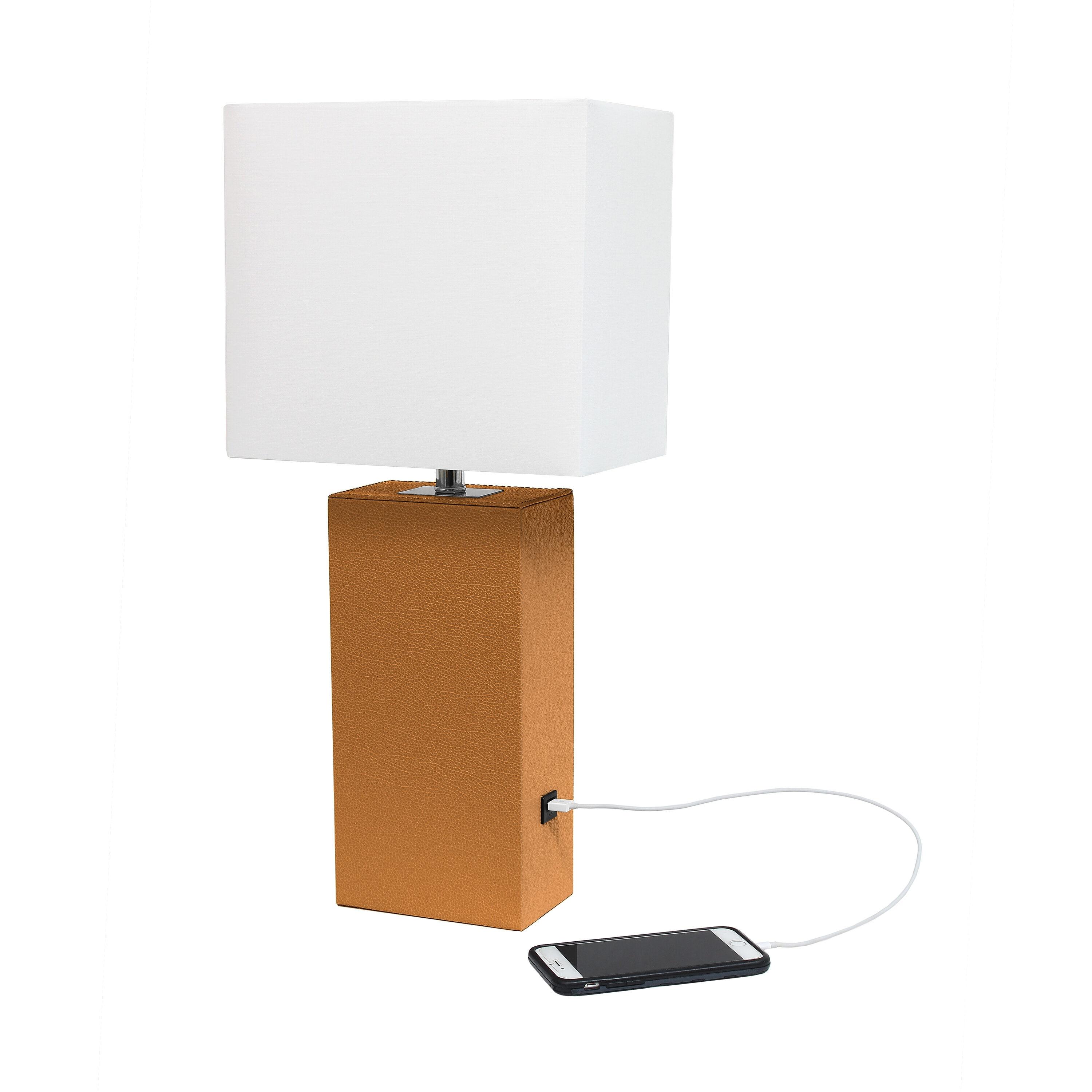 21" Lexington Leather Base Modern Home Decor Bedside Table Lamp with USB Charging Port and Fabric Shade Tan/White - Lalia Home: No Assembly