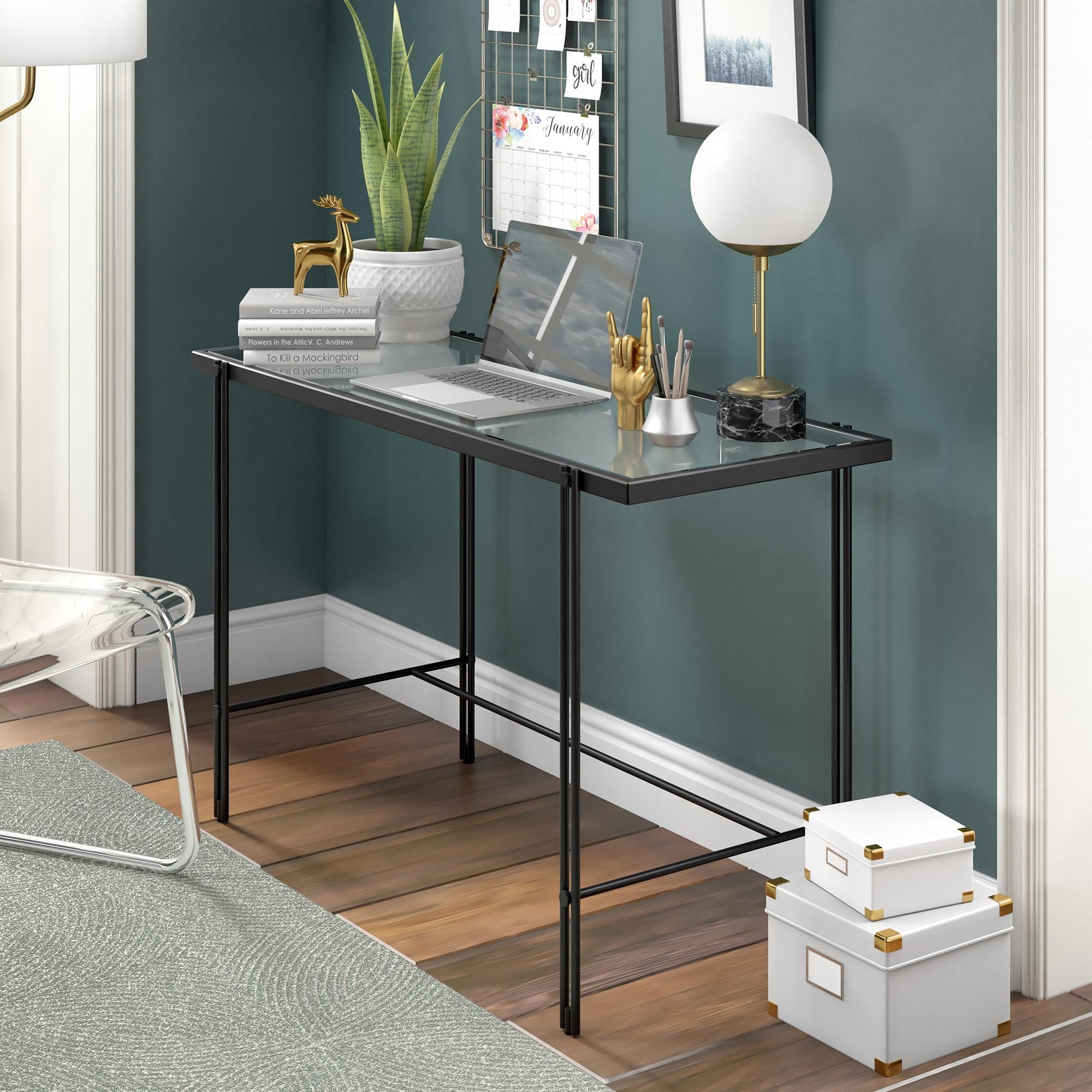 Evelyn&Zoe Contemporary 48 in. Blackened Bronze Metal Desk with Glass Top