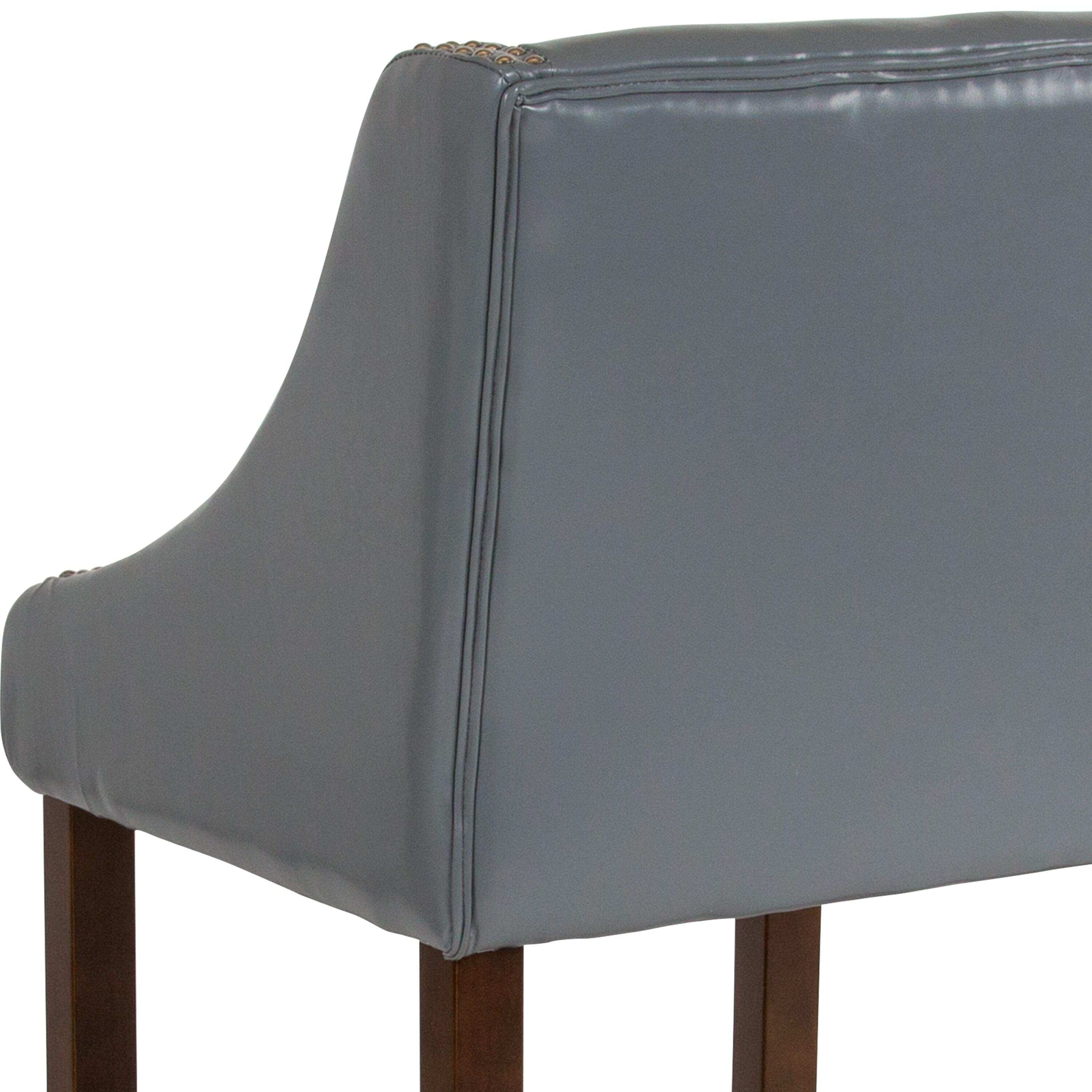 Flash Furniture Carmel Series 24" High Transitional Walnut Counter Height Stool with Nail Trim in Light Gray LeatherSoft