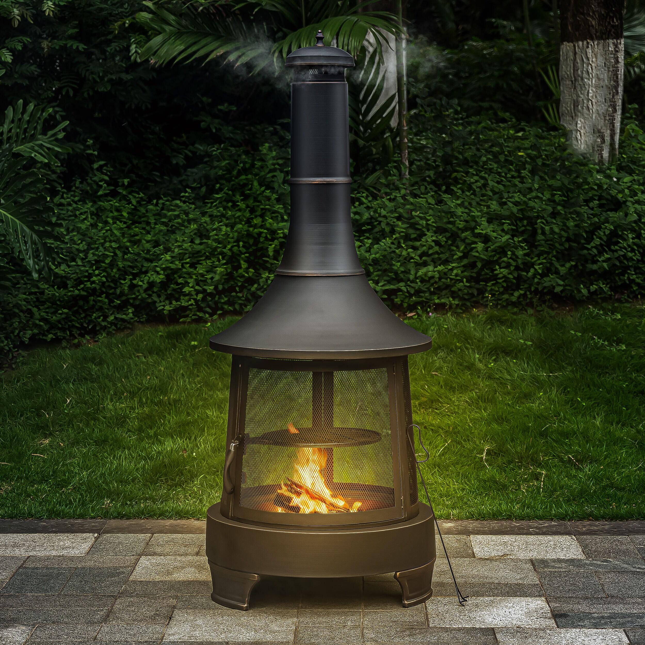 Deko Living Deko Living 30 Inch Diameter Outdoor Steel Wood Burning Chimney Firepit with Cast Iron Cooking Grill and Poker