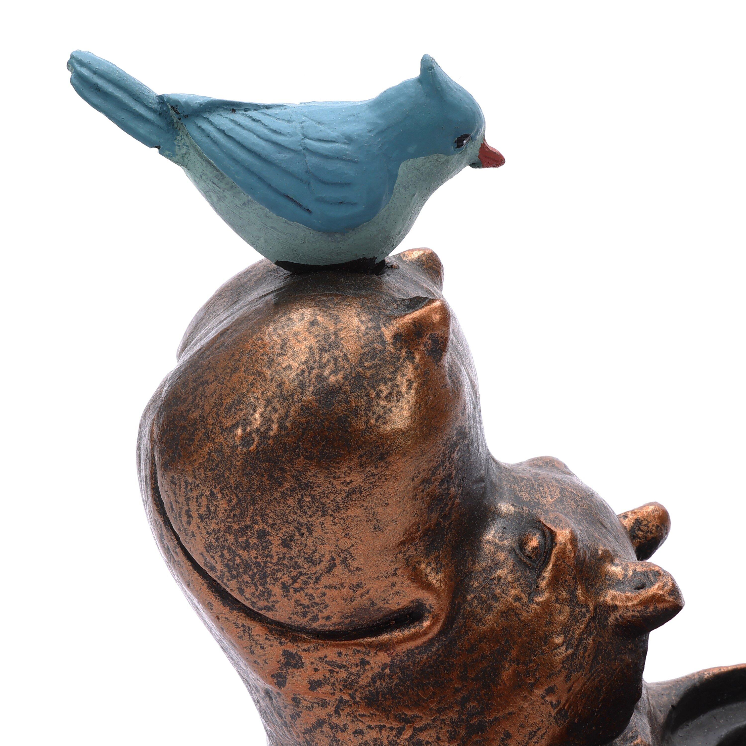 LuxenHome Brown Hippo and Blue Bird MgO Flower Pot Planter