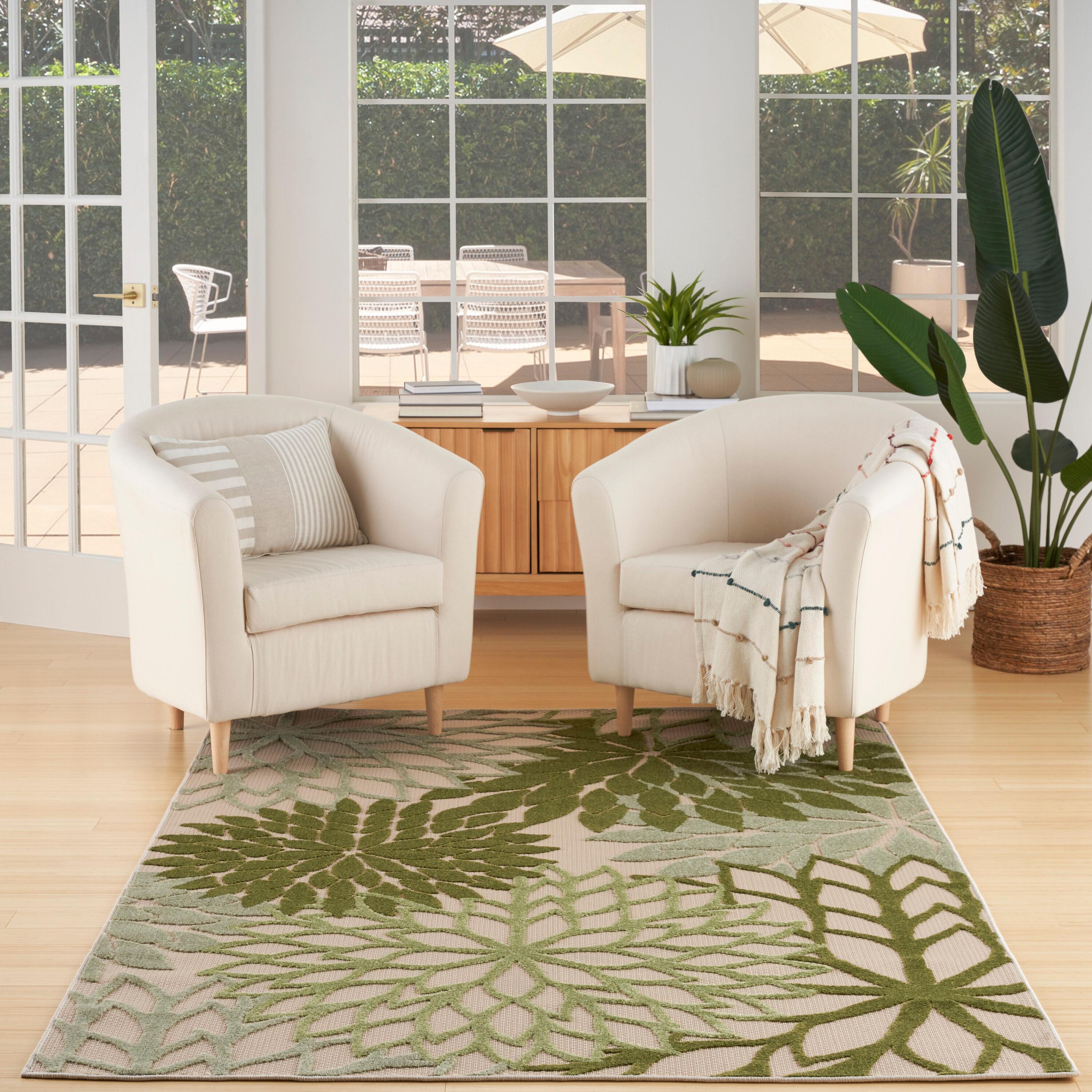 Nourison Aloha Floral Bloom Flatweave High-Low Indoor Outdoor Area Rug Ivory Green 3'6" x 5'6"