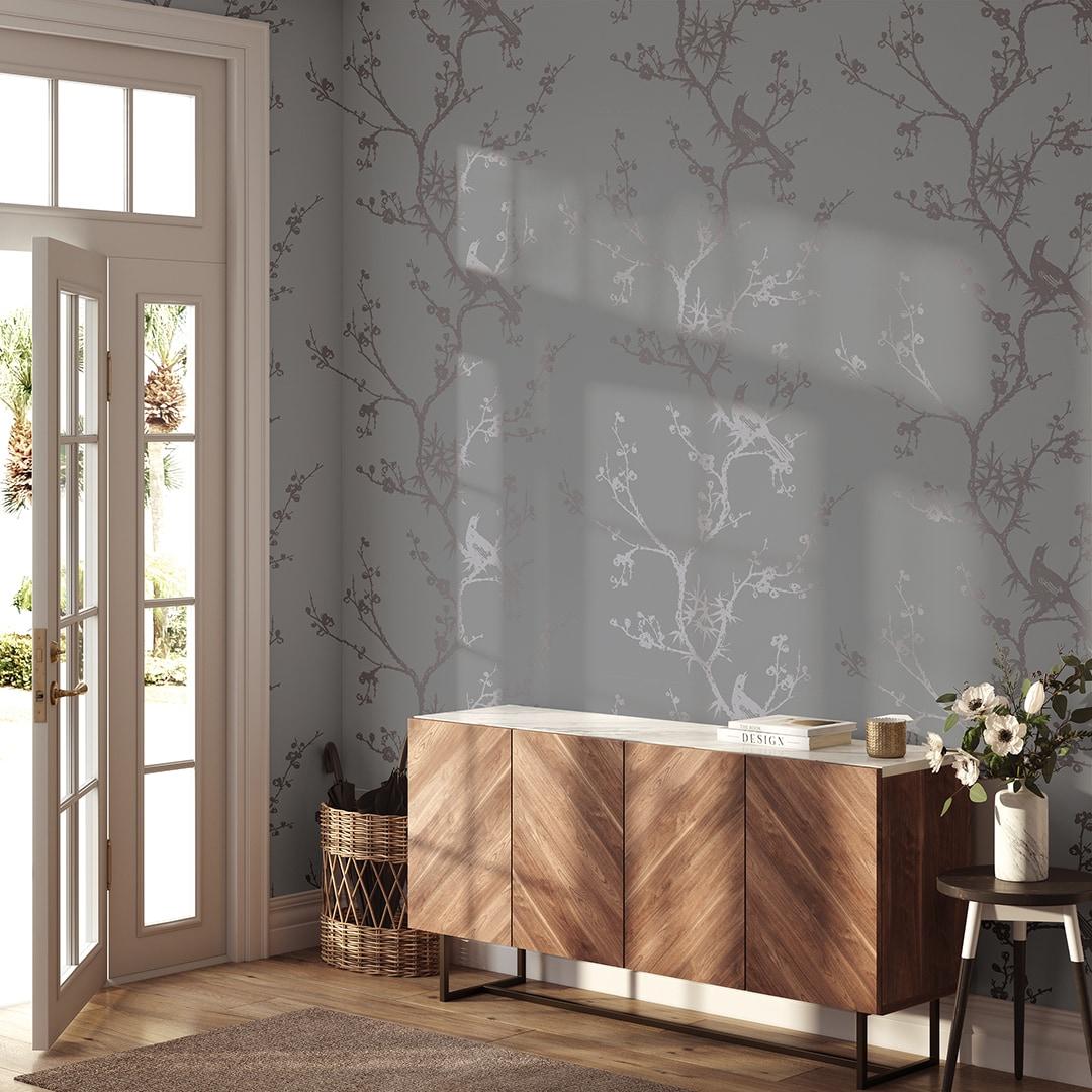 Tempaper & Co.® x Cynthia Rowley Bird Watching Removable Peel and Stick Wallpaper, Dove Gray, 56 sq ft: Vinyl, Self-Adhesive, Botanical