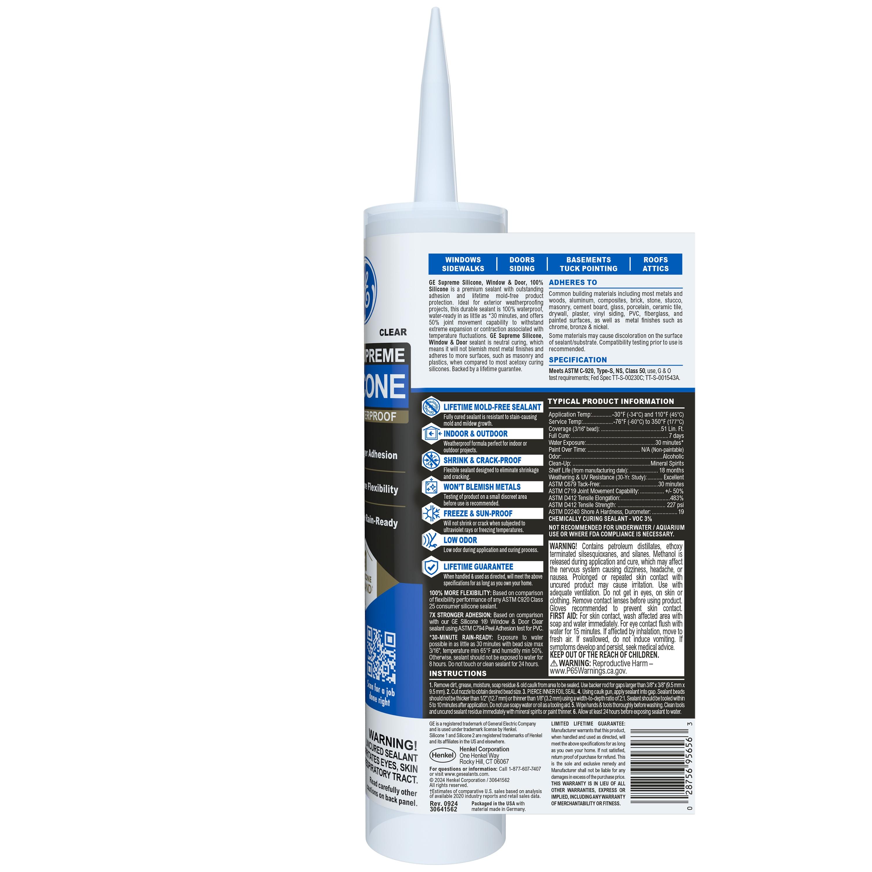 GE Supreme Silicone Window & Door Sealant, Pack of 1, Clear 10.1 fl oz Cartridge