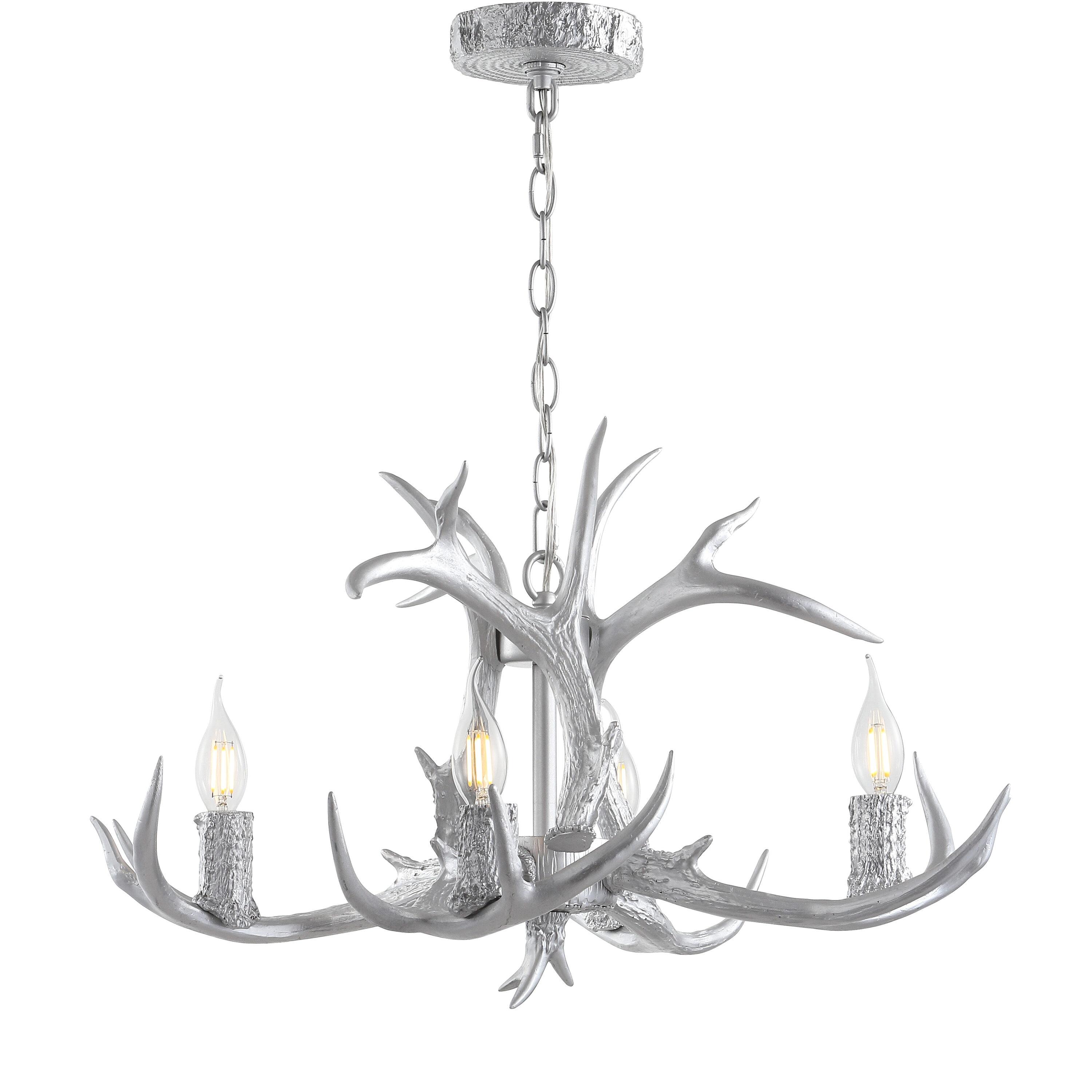 JONATHAN Y JYL6301C Eldora 26" Adjustable Resin Antler 4-Light LED Chandelier, Farmhouse, Glam, Transitional, Rustic, Cottage for living room, dinning room, bedroom, office Bulb Included, Silver