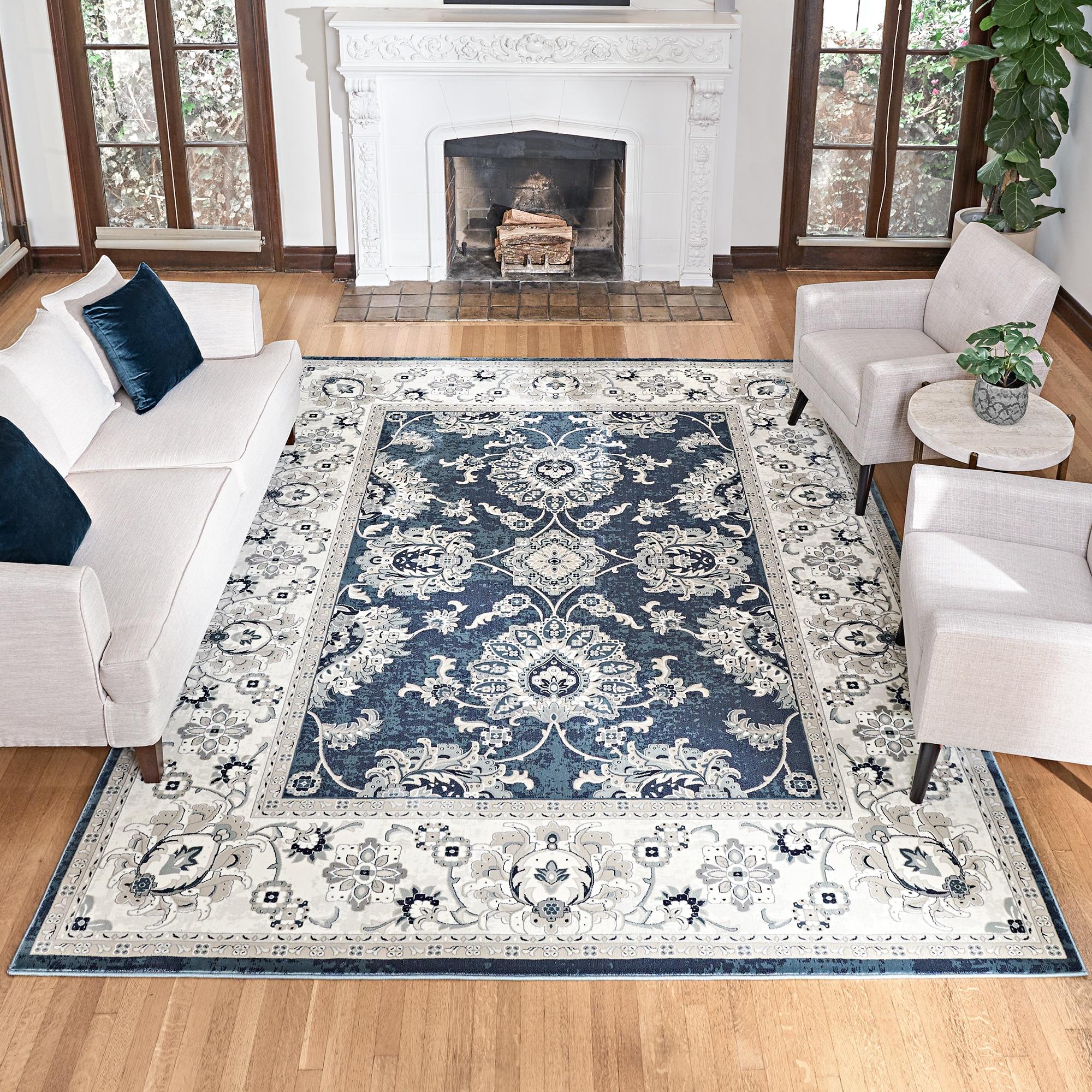 Majestic Moena Navy Blue Traditional Floral Oriental Border Area Rug