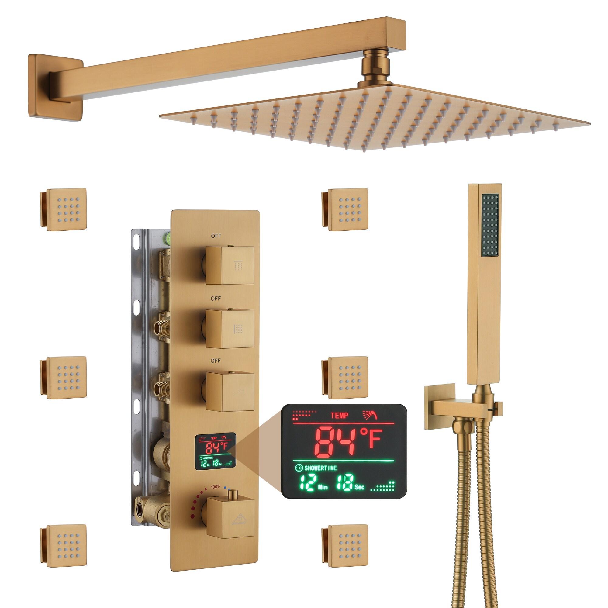 CASAINC KCHS0017-12BG 12 Inch Rainfall Thermostatic Shower System with Body Spray and Temperature Display