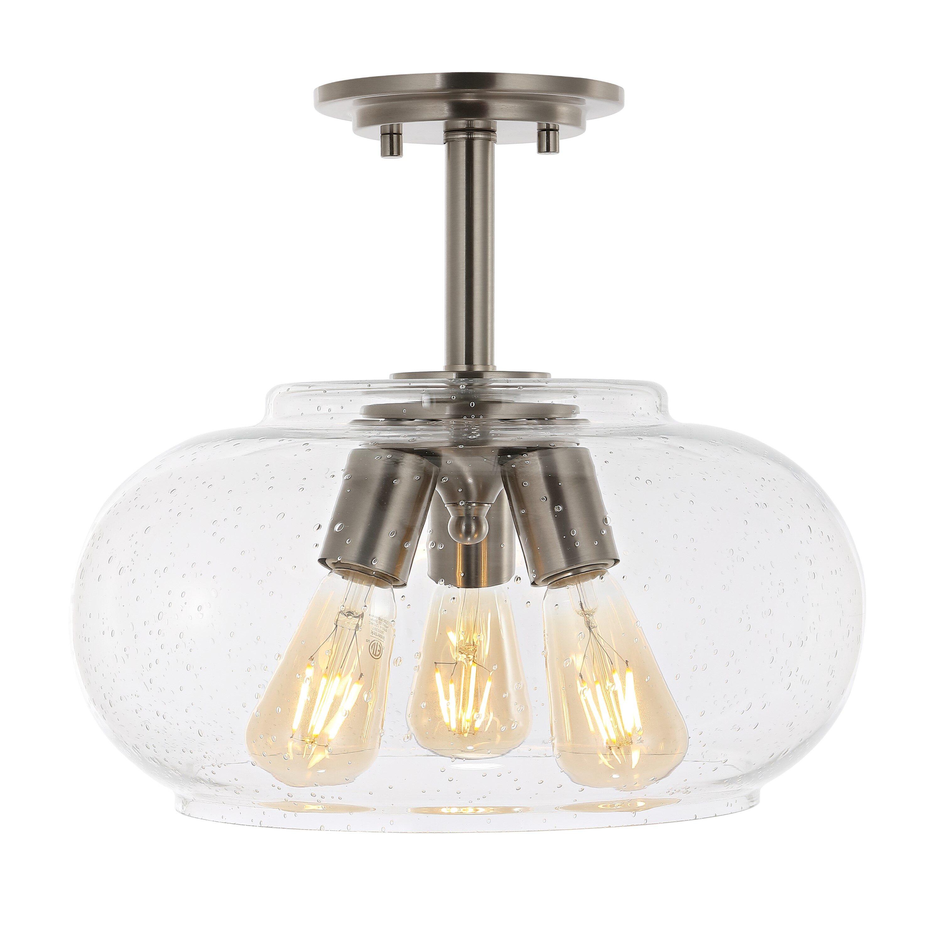 Lina 13.75" 3-Light Modern Industrial Iron/Seeded Glass LED Semi Flush Mount, Nickel/Clear