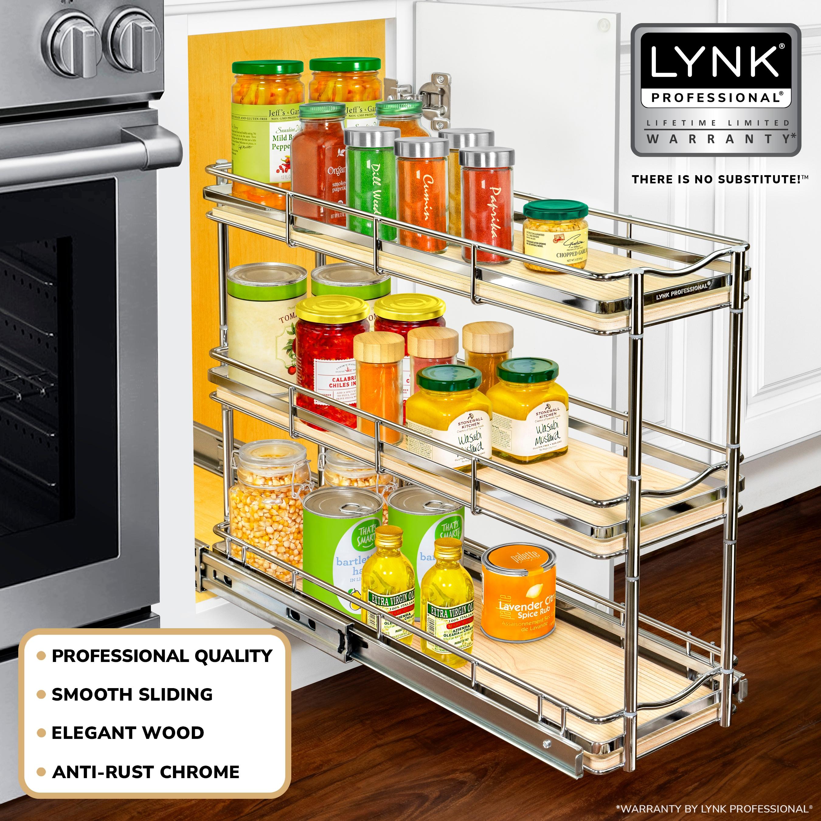 LYNK PROFESSIONAL® Elite Pull Out Narrow Sliding Spice Bottle Organizer (3 Tier) 6”x21”, Wood