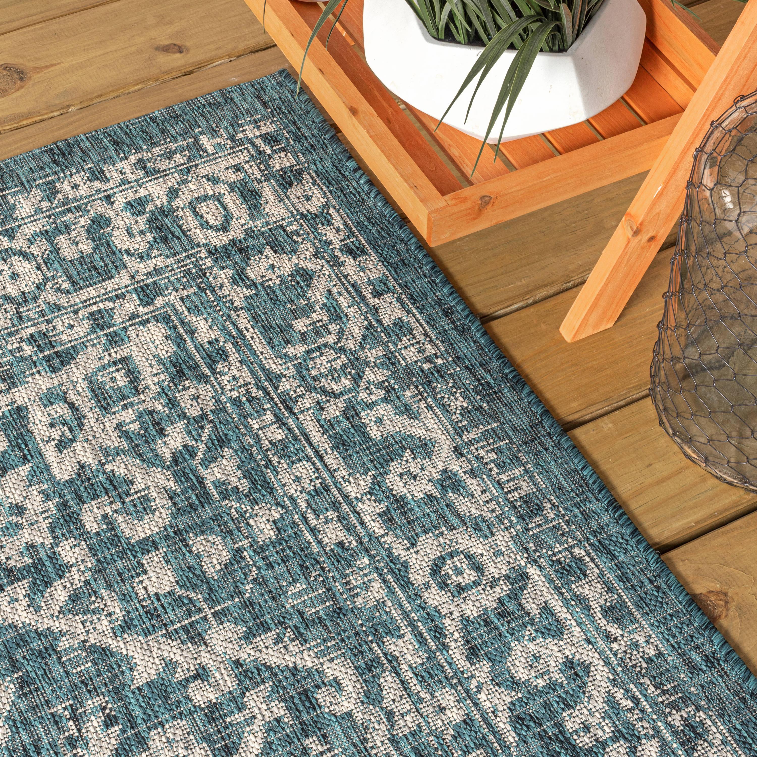 3'x5' Malta Bohemian Medallion Textured Weave Indoor/Outdoor Area Rug, Teal/Gray - JONATHAN Y